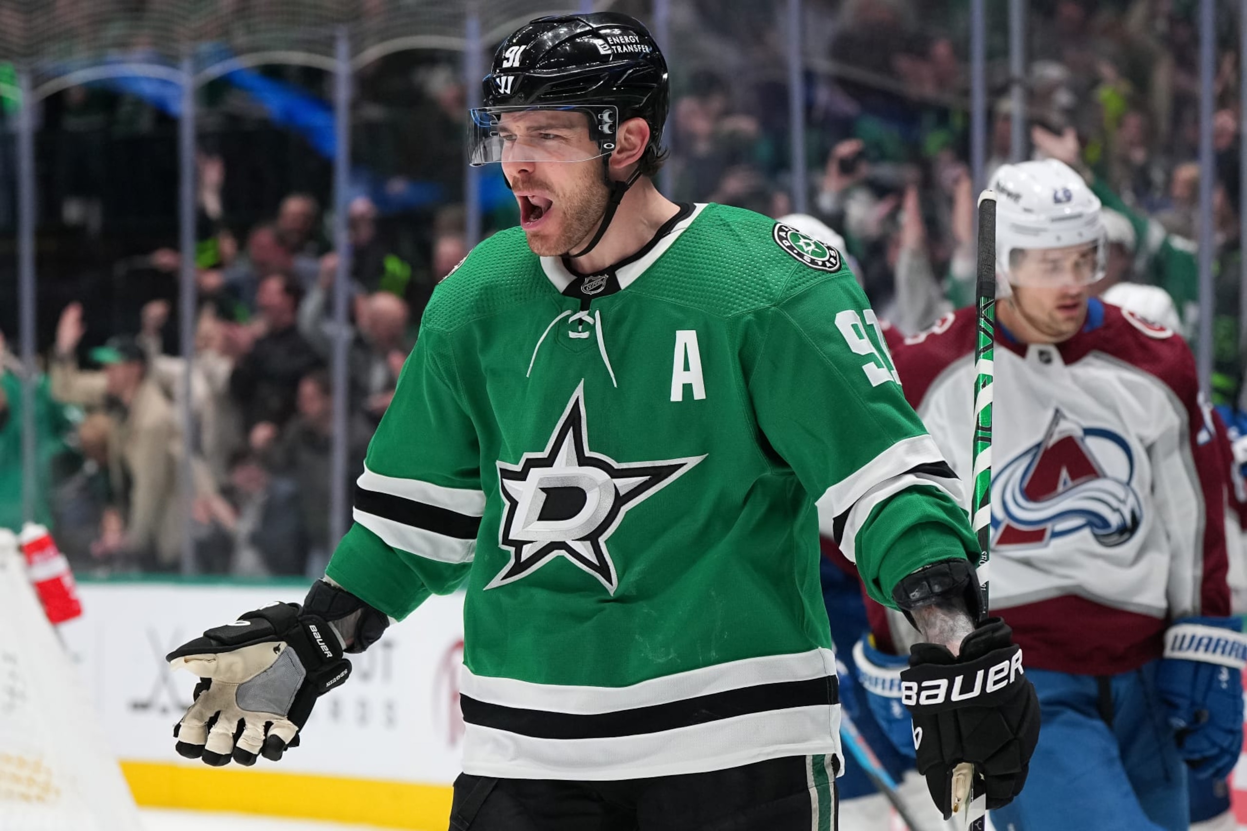 DALLAS, TEXAS - JANUARY 04: Tyler Seguin #91 of the Dallas Stars celebrates his third period goal against the Colorado Avalanche at American Airlines Center on January 04, 2024 in Dallas, Texas. (Photo by Sam Hodde/Getty Images)