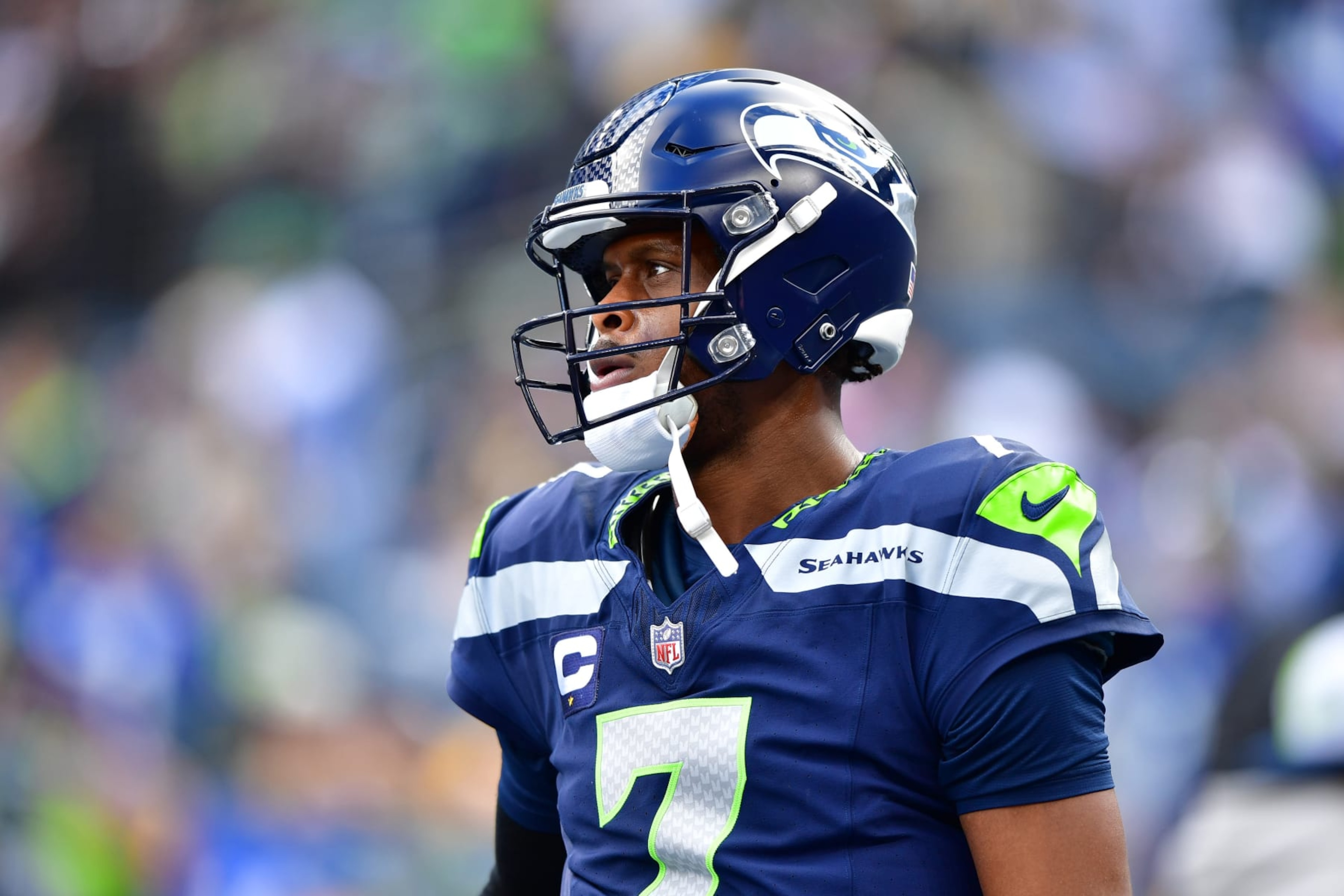SEATTLE, WASHINGTON - DECEMBER 31: Geno Smith #7 of the Seattle Seahawks warms up prior to a game against the Pittsburgh Steelers at Lumen Field on December 31, 2023 in Seattle, Washington. (Photo by Jane Gershovich/Getty Images) SEATTLE, WASHINGTON - DECEMBER 31: Geno Smith #7 of the Seattle Seahawks warms up prior to a game against the Pittsburgh Steelers at Lumen Field on December 31, 2023 in Seattle, Washington. (Photo by Jane Gershovich/Getty Images)