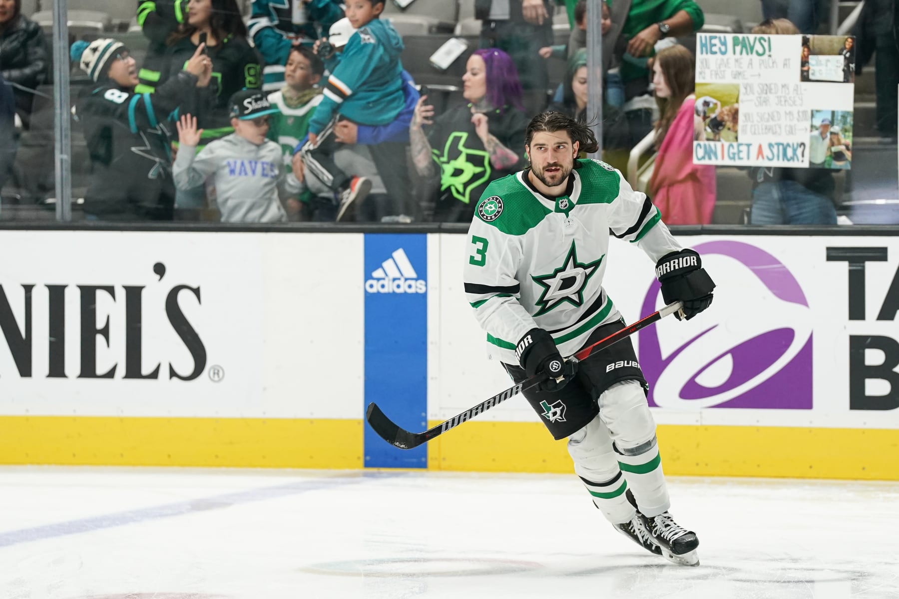 SAN JOSE, CA - MARCH 5: Chris Tanev #3 of the Dallas Stars skates during warmups before the game against the San Jose Sharks at SAP Center on March 5, 2024 in San Jose, California. (Photo by Kavin Mistry/NHLI via Getty Images)