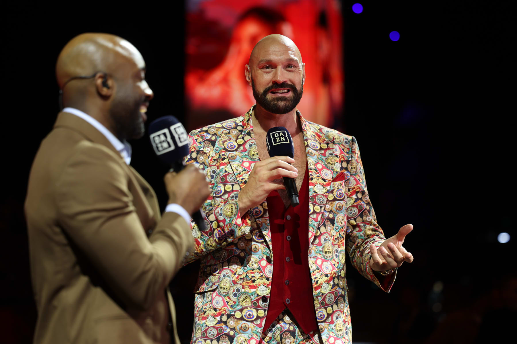RIYADH, SAUDI ARABIA - MARCH 8: Tyson Fury is interviewed at Kingdom Arena on March 8, 2024 in Riyadh, Saudi Arabia. Britain's Anthony Joshua is fighting Cameroon's Francis Ngannou as the main event. (Photo by Mark Robinson/Matchroom Boxing via Getty Images)