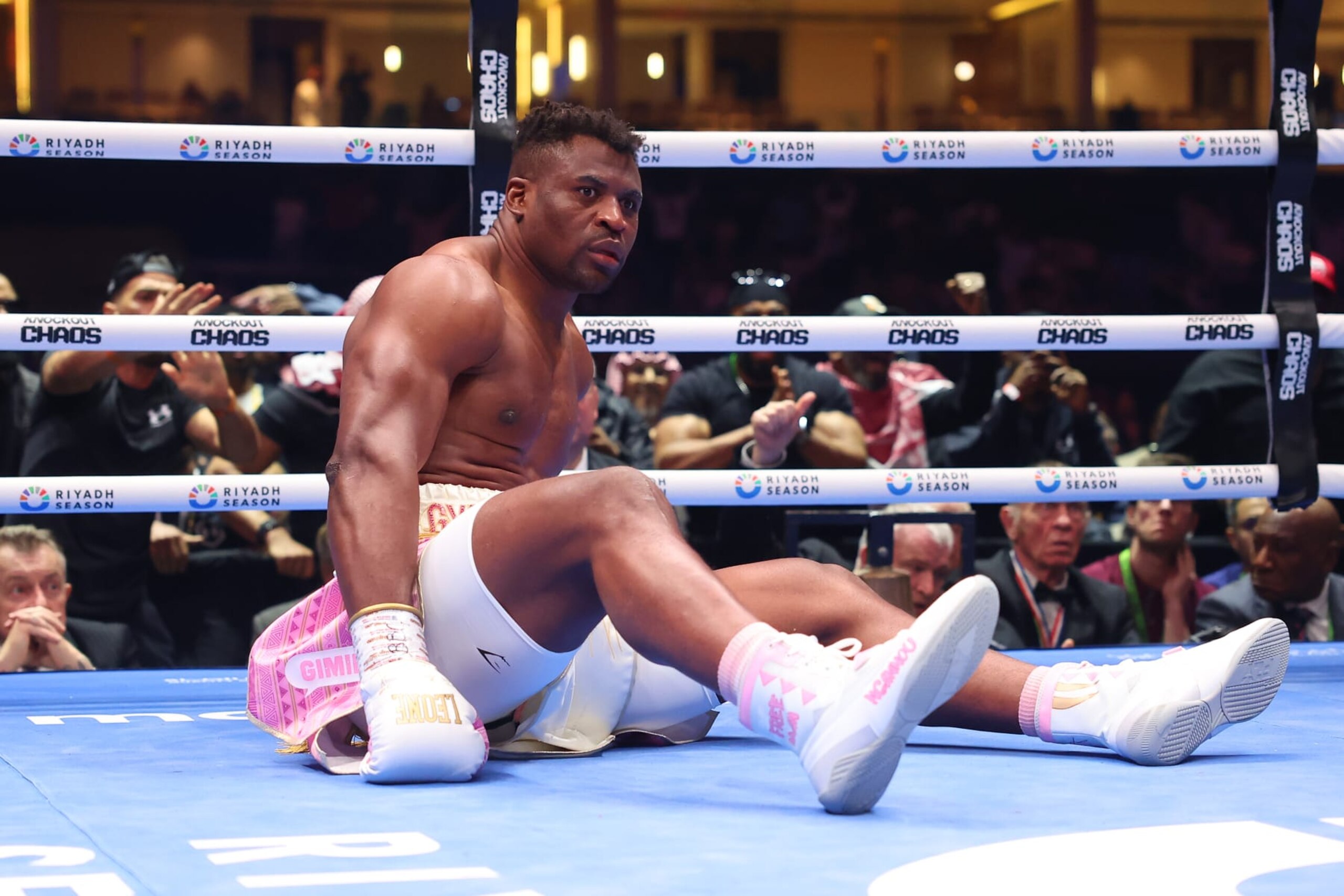 RIYADH, SAUDI ARABIA - MARCH 08: Francis Ngannou reacts after being knocked down by Anthony Joshua (not pictured) during the Heavyweight fight between Anthony Joshua and Francis Ngannou on the Knockout Chaos boxing card at the Kingdom Arena on March 08, 2024 in Riyadh, Saudi Arabia. (Photo by Richard Pelham/Getty Images) RIYADH, SAUDI ARABIA - MARCH 08: Francis Ngannou reacts after being knocked down by Anthony Joshua (not pictured) during the Heavyweight fight between Anthony Joshua and Francis Ngannou on the Knockout Chaos boxing card at the Kingdom Arena on March 08, 2024 in Riyadh, Saudi Arabia. (Photo by Richard Pelham/Getty Images)