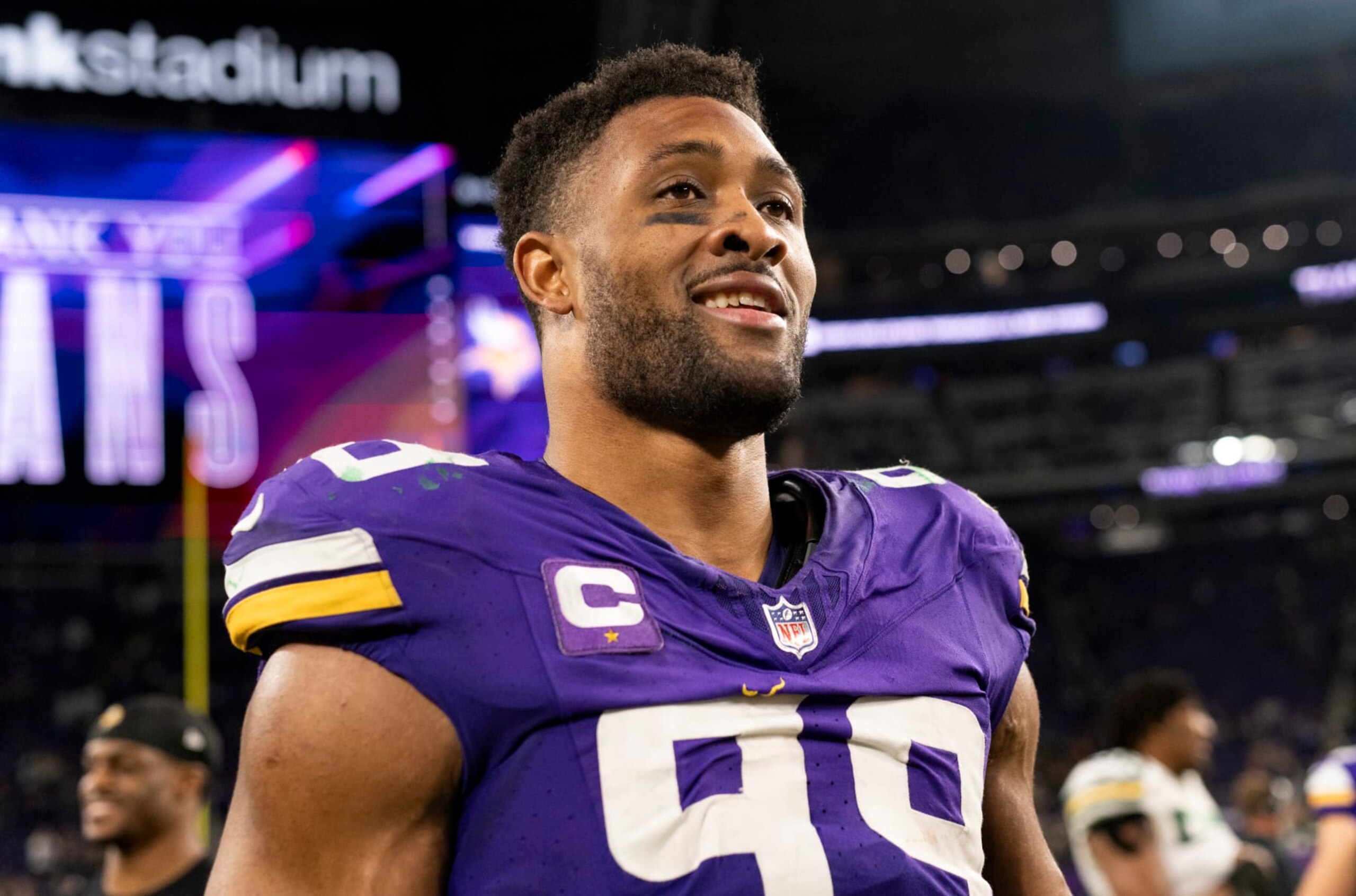 MINNEAPOLIS, MINNESOTA - DECEMBER 31: Danielle Hunter #99 of the Minnesota Vikings greets players after the game against the Green Bay Packers at U.S. Bank Stadium on December 31, 2023 in Minneapolis, Minnesota. (Photo by Stephen Maturen/Getty Images) MINNEAPOLIS, MINNESOTA - DECEMBER 31: Danielle Hunter #99 of the Minnesota Vikings greets players after the game against the Green Bay Packers at U.S. Bank Stadium on December 31, 2023 in Minneapolis, Minnesota. (Photo by Stephen Maturen/Getty Images)