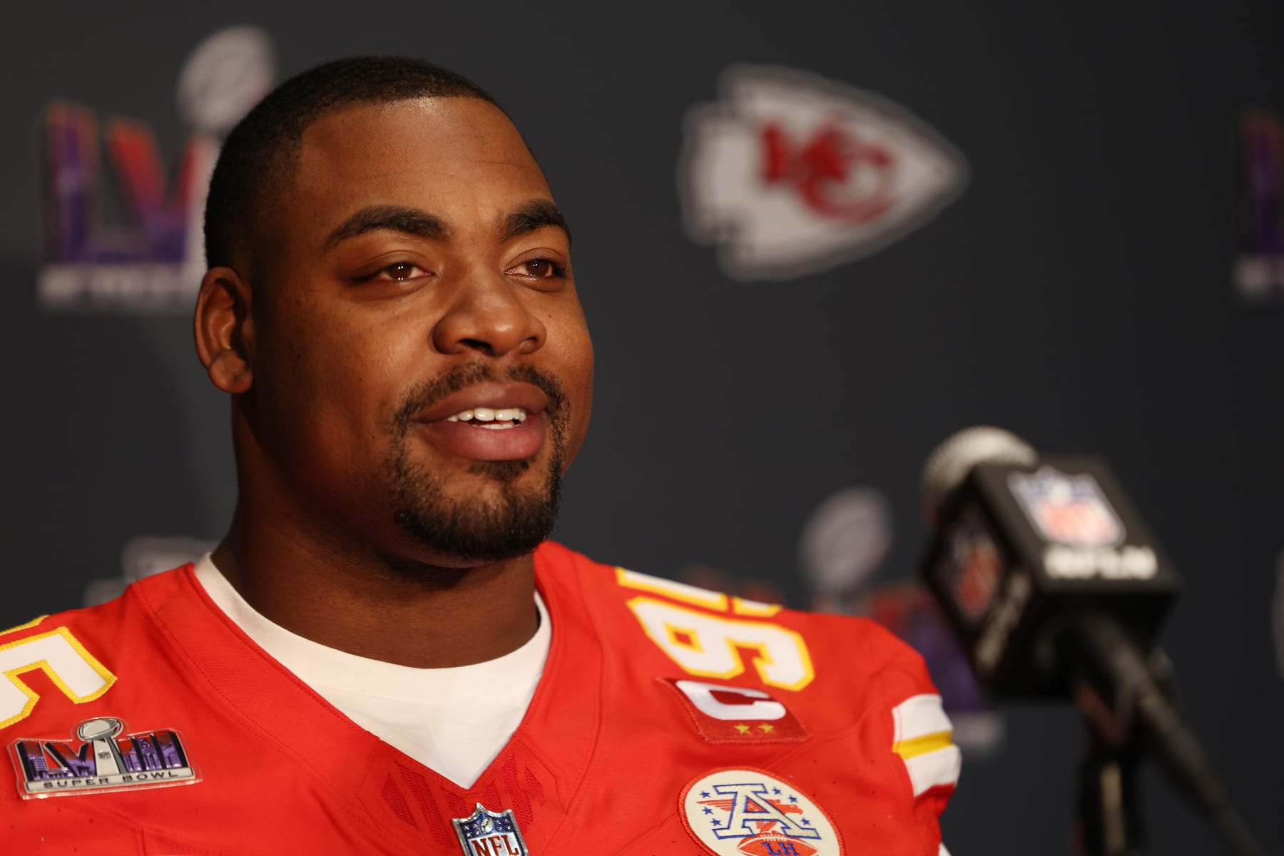 HENDERSON, NEVADA - FEBRUARY 08: Chris Jones of the Kansas City Chiefs speaks to the media during Kansas City Chiefs media availability ahead of Super Bowl LVIII at Westin Lake Las Vegas Resort and Spa on February 08, 2024 in Henderson, Nevada. (Photo by Jamie Squire/Getty Images)