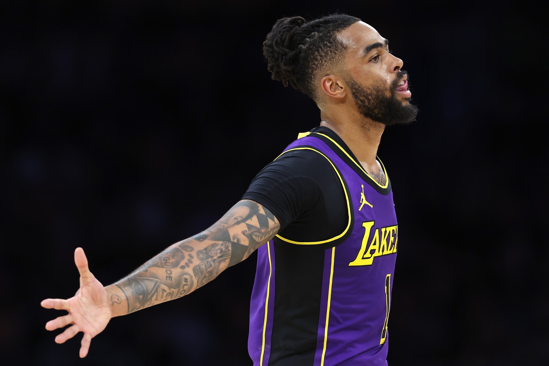 LOS ANGELES, CALIFORNIA - MARCH 08: D'Angelo Russell #1 of the Los Angeles Lakers reacts to making a shot during the first half of a game against the Milwaukee Bucks at Crypto.com Arena on March 08, 2024 in Los Angeles, California. (Photo by Sean M. Haffey/Getty Images)