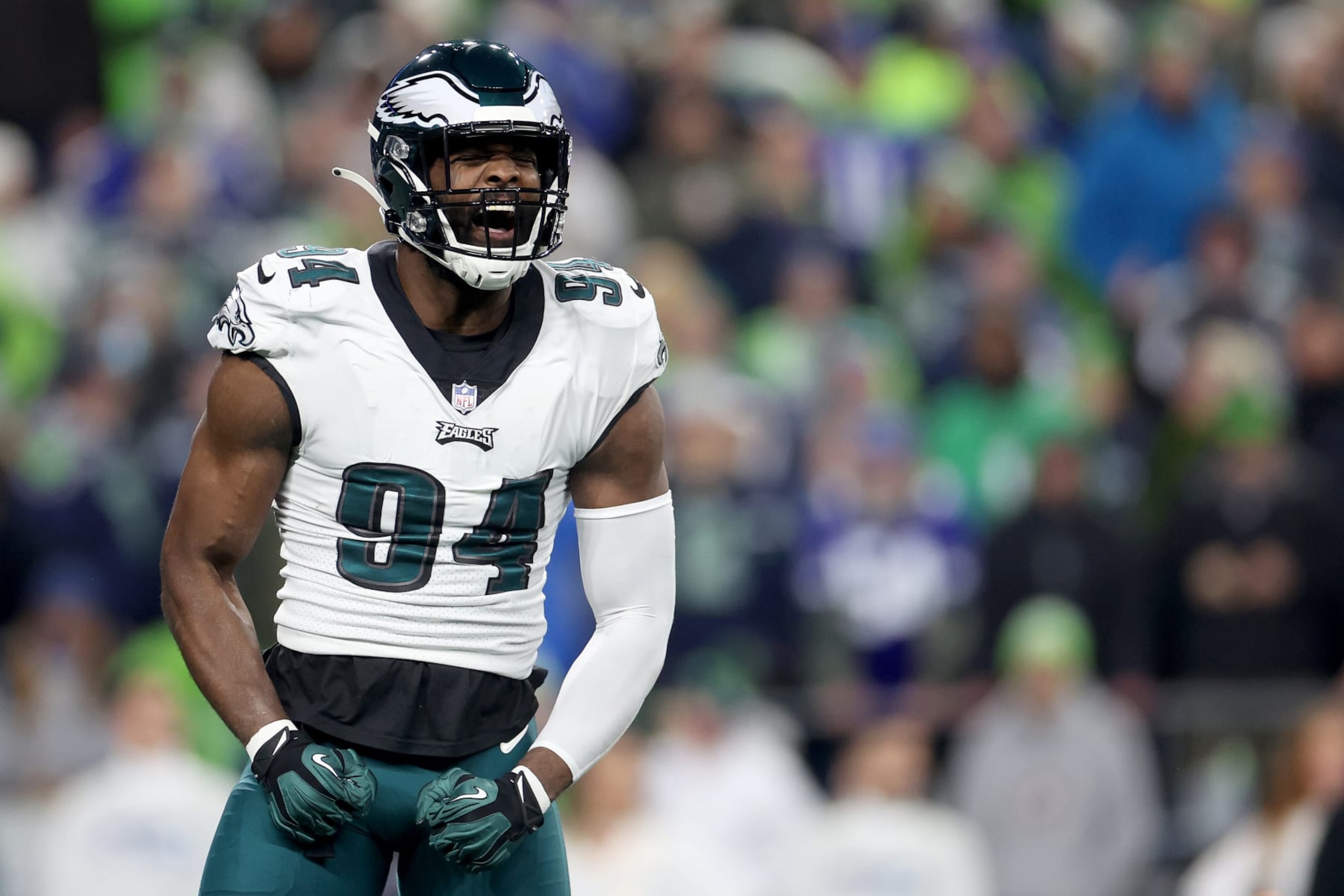 SEATTLE, WASHINGTON - DECEMBER 18: Josh Sweat #94 of the Philadelphia Eagles reacts after a stop against the Seattle Seahawks during the first quarter at Lumen Field on December 18, 2023 in Seattle, Washington. (Photo by Steph Chambers/Getty Images)