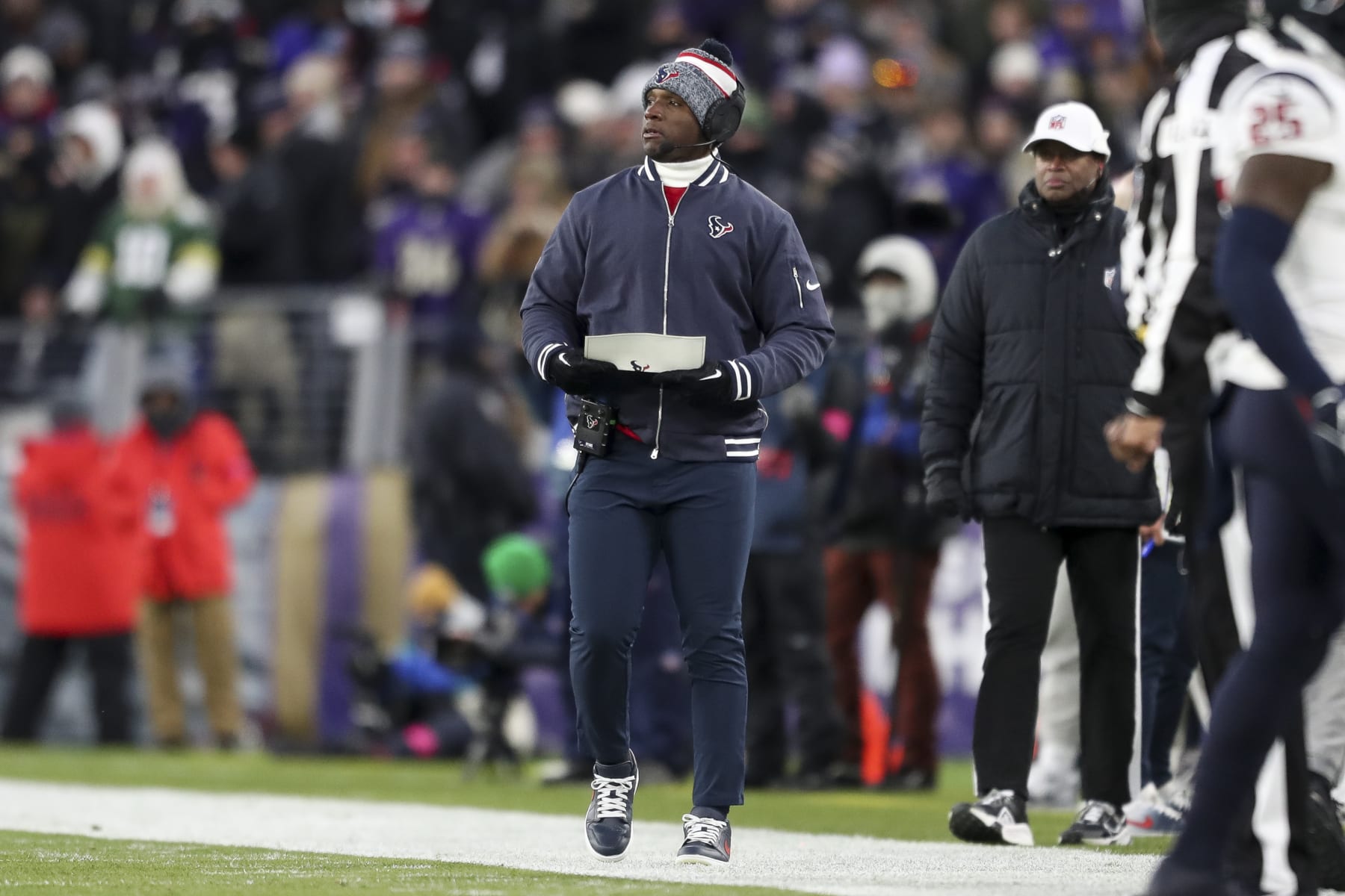 BALTIMORE, MARYLAND - JANUARY 20: Head coach DeMeco Ryans of the Houston Texans looks on during an NFL Divisional Round playoff game against the Baltimore Ravens at M&T Bank Stadium on January 20, 2024 in Baltimore, Maryland. (Photo by Kara Durrette/Getty Images)