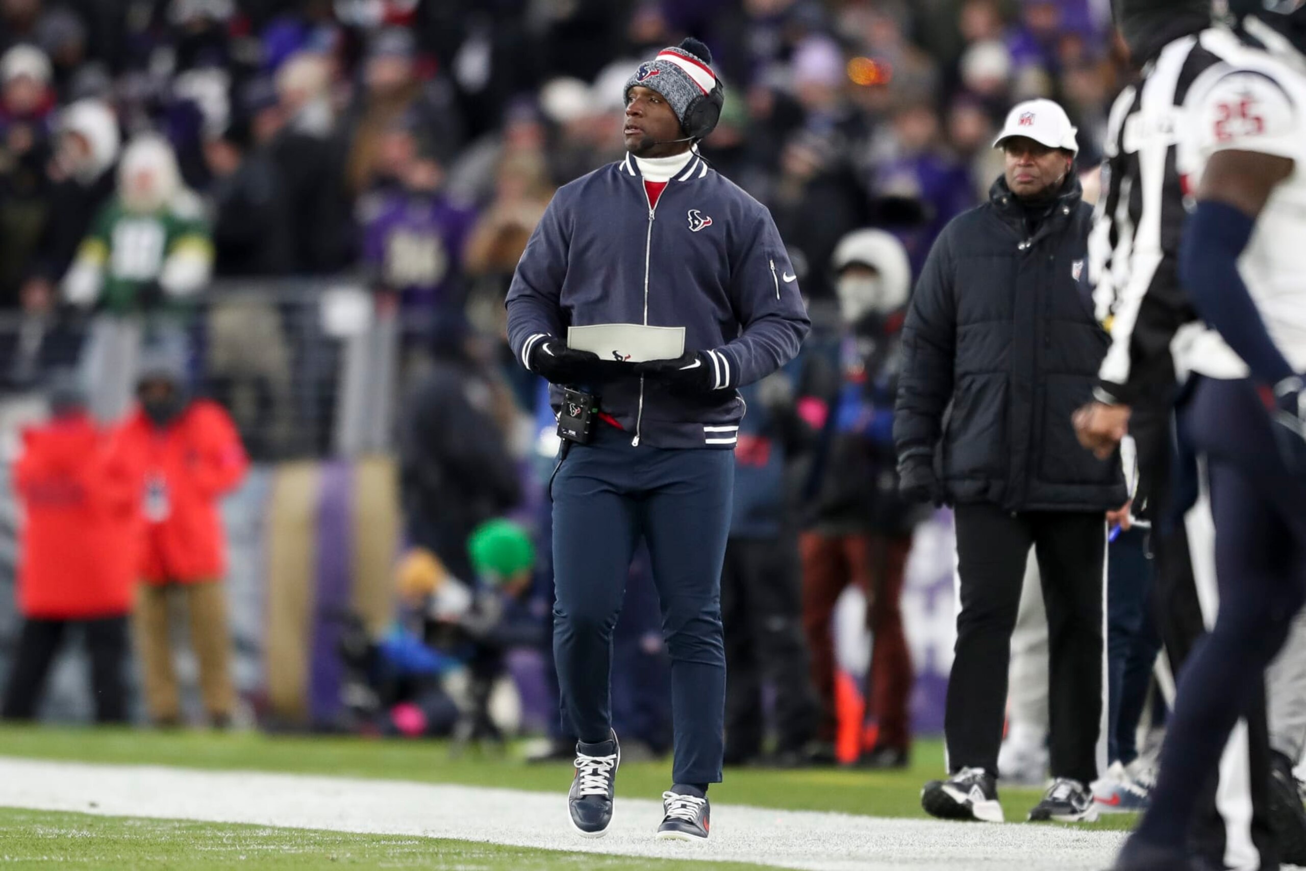 BALTIMORE, MARYLAND - JANUARY 20: Head coach DeMeco Ryans of the Houston Texans looks on during an NFL Divisional Round playoff game against the Baltimore Ravens at M&T Bank Stadium on January 20, 2024 in Baltimore, Maryland. (Photo by Kara Durrette/Getty Images)