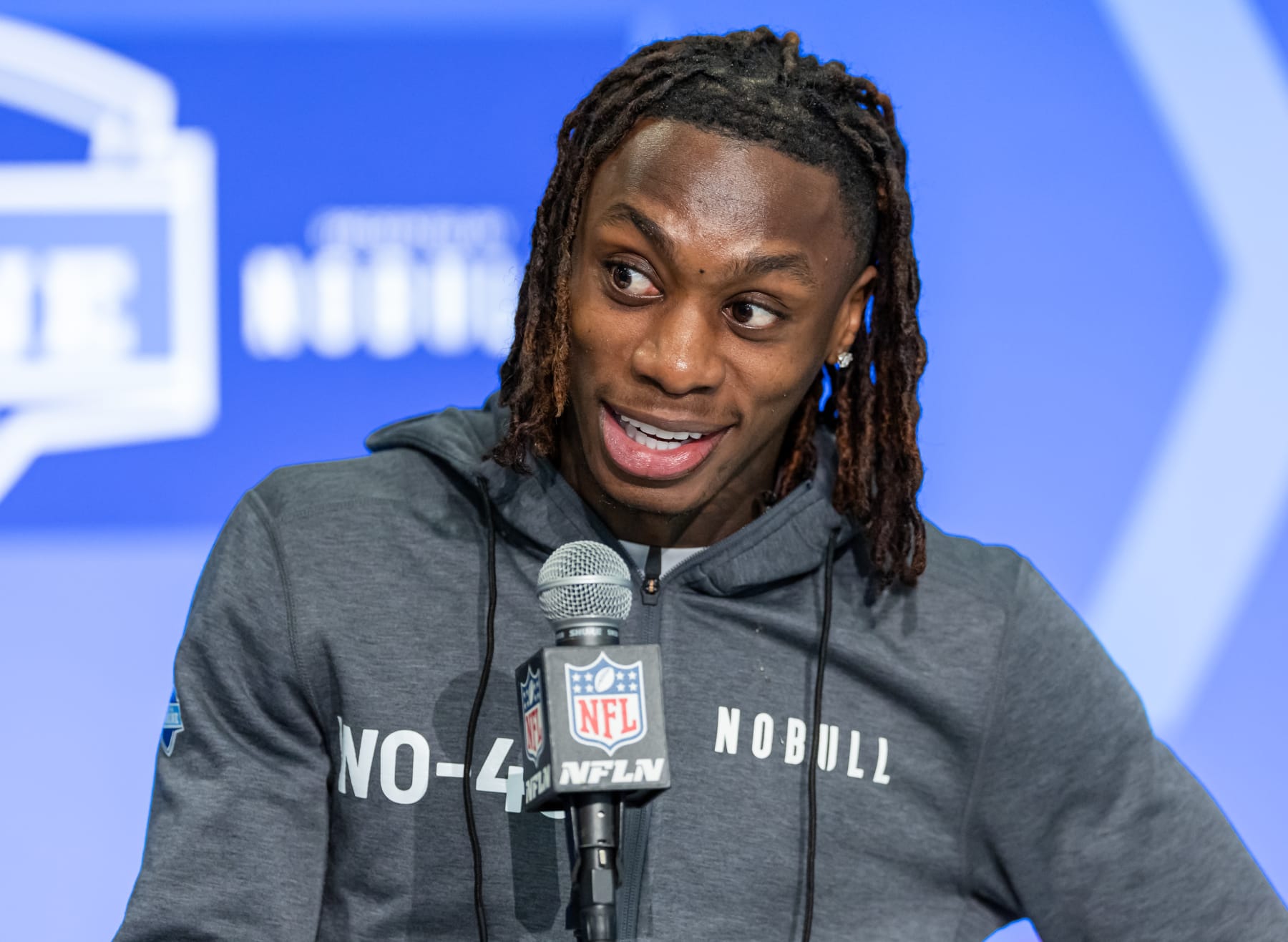 INDIANAPOLIS, INDIANA - MARCH 01: Xavier Worthy #WO40 of the Texas Longhorns speaks to the media during the 2024 NFL Draft Combine at Lucas Oil Stadium on March 01, 2024 in Indianapolis, Indiana. (Photo by Michael Hickey/Getty Images)