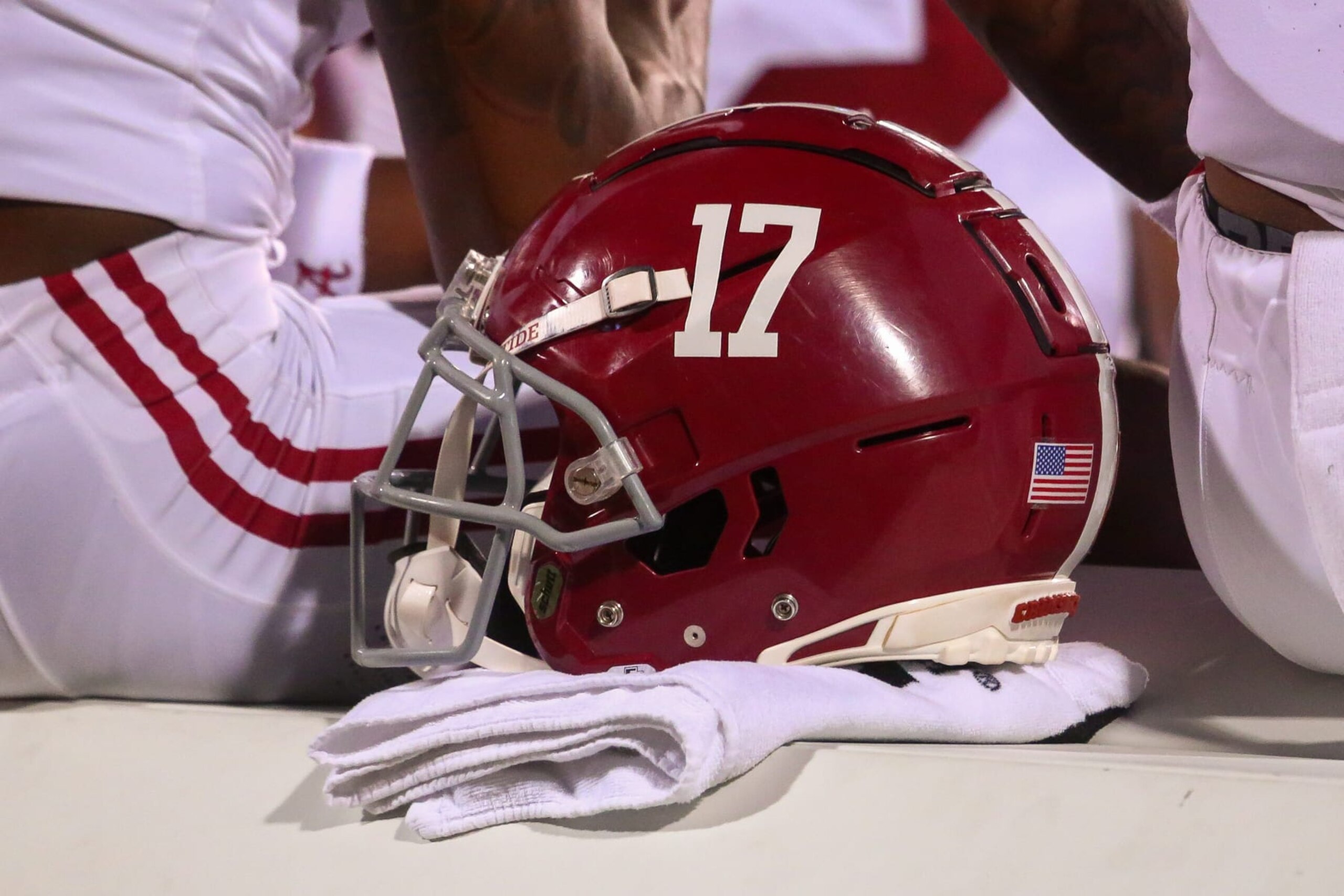 STARKVILLE, MS - SEPTEMBER 30: An Alabama Crimson Tide helmet sits on a bench during the game between the Mississippi State Bulldogs and the Alabama Crimson Tide on September 30, 2023 at Davis Wade Stadium at Scott Field in Starkville, MS. (Photo by Chris McDill/Icon Sportswire via Getty Images)