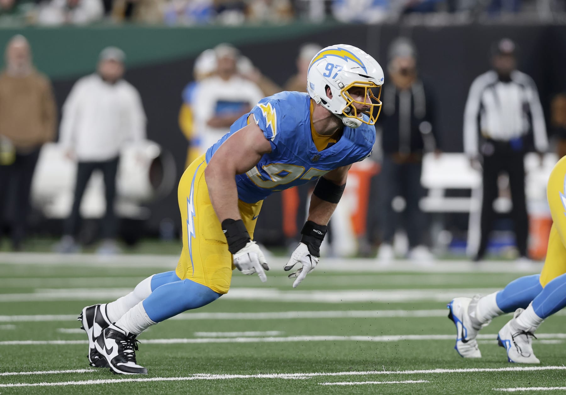 EAST RUTHERFORD, NEW JERSEY - NOVEMBER 06: (NEW YORK DAILIES OUT)  Joey Bosa #97 of the Los Angeles Chargers in action against the New York Jets at MetLife Stadium on November 06, 2023 in East Rutherford, New Jersey. The Chargers defeated the Jets 27-6. (Photo by Jim McIsaac/Getty Images)