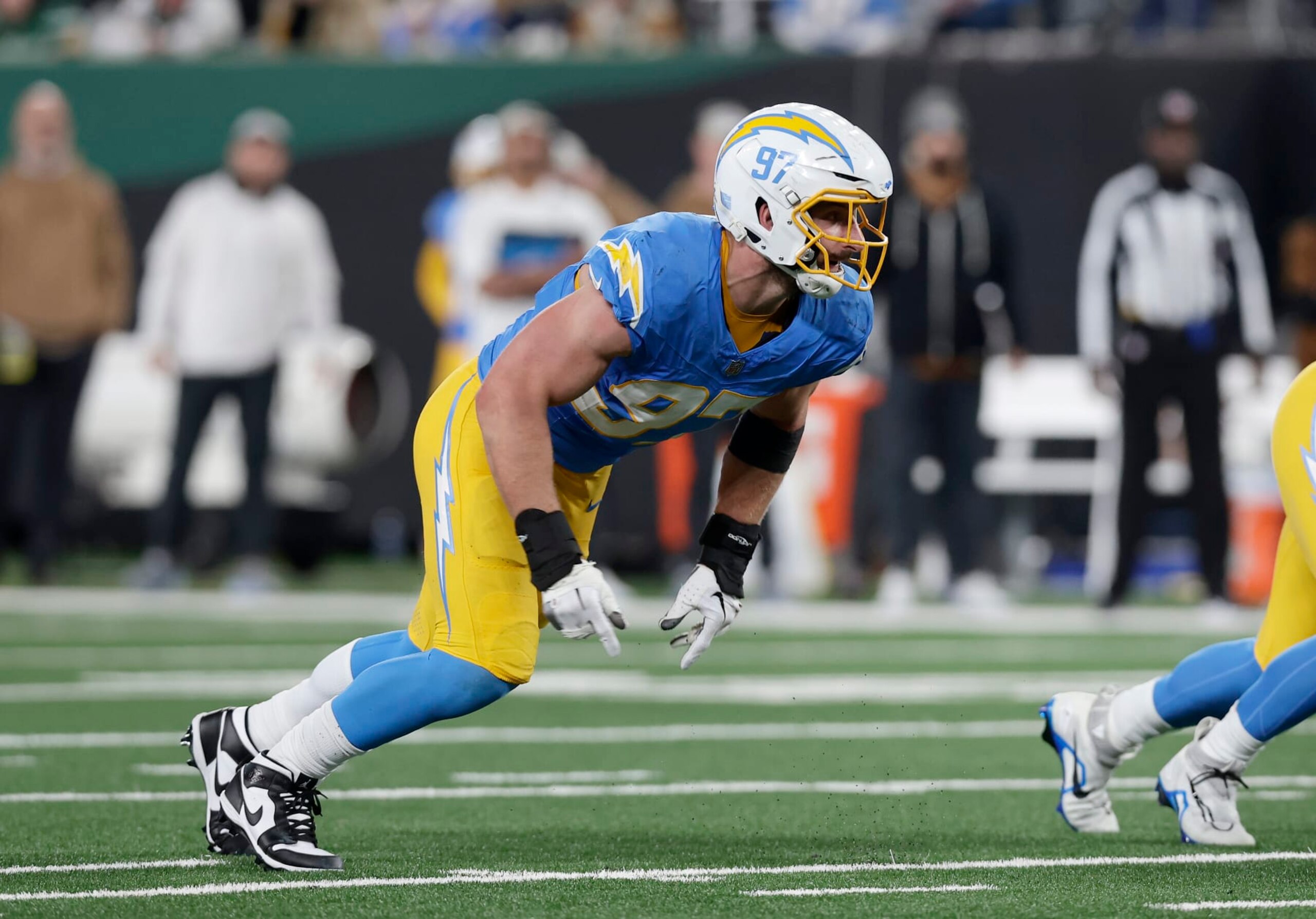 EAST RUTHERFORD, NEW JERSEY - NOVEMBER 06: (NEW YORK DAILIES OUT) Joey Bosa #97 of the Los Angeles Chargers in action against the New York Jets at MetLife Stadium on November 06, 2023 in East Rutherford, New Jersey. The Chargers defeated the Jets 27-6. (Photo by Jim McIsaac/Getty Images) EAST RUTHERFORD, NEW JERSEY - NOVEMBER 06: (NEW YORK DAILIES OUT) Joey Bosa #97 of the Los Angeles Chargers in action against the New York Jets at MetLife Stadium on November 06, 2023 in East Rutherford, New Jersey. The Chargers defeated the Jets 27-6. (Photo by Jim McIsaac/Getty Images)