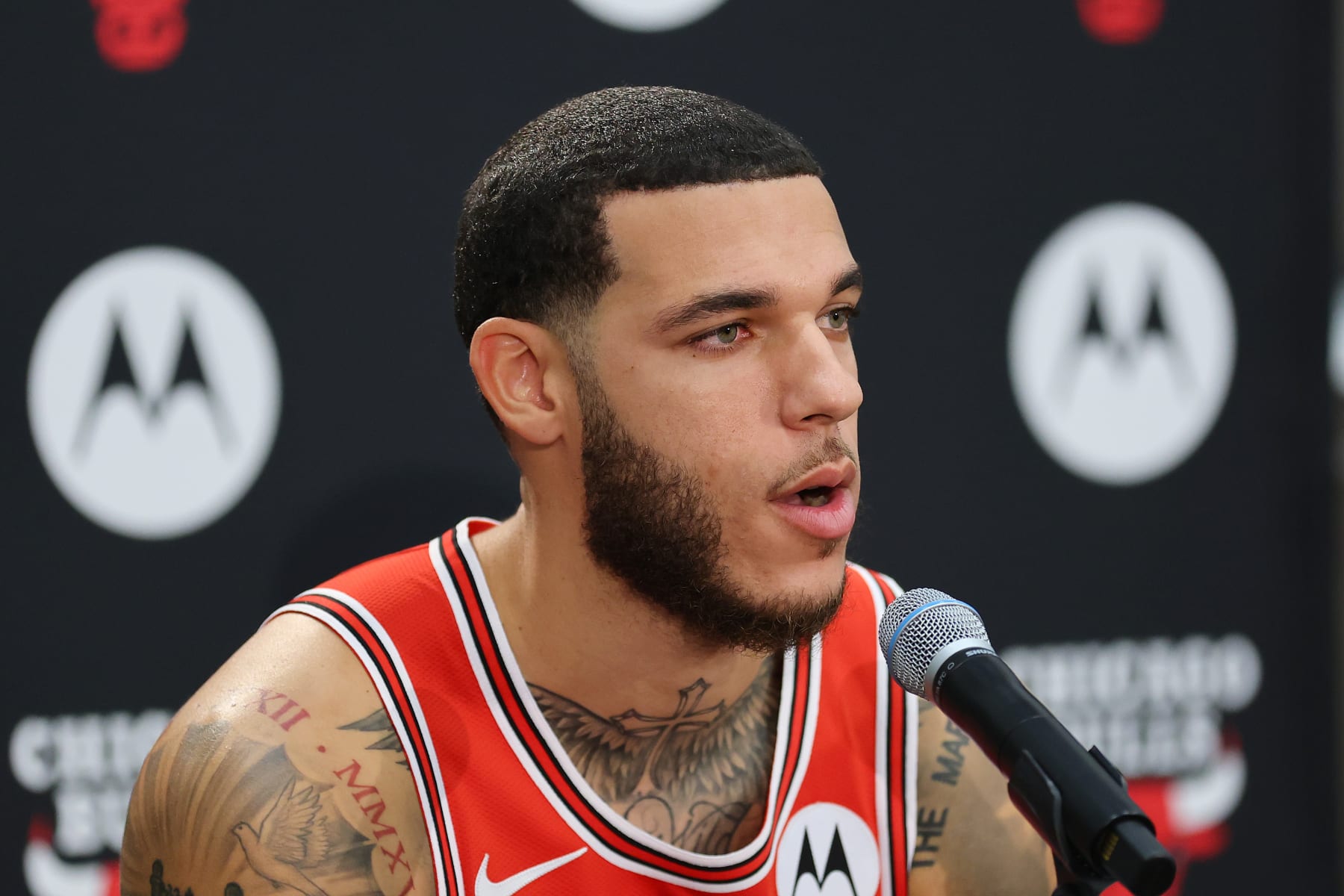 CHICAGO, ILLINOIS - OCTOBER 02: Lonzo Ball #2 of the Chicago Bulls answers questions from reporters during Media Day at Advocate Center on October 02, 2023 in Chicago, Illinois. (Photo by Michael Reaves/Getty Images)