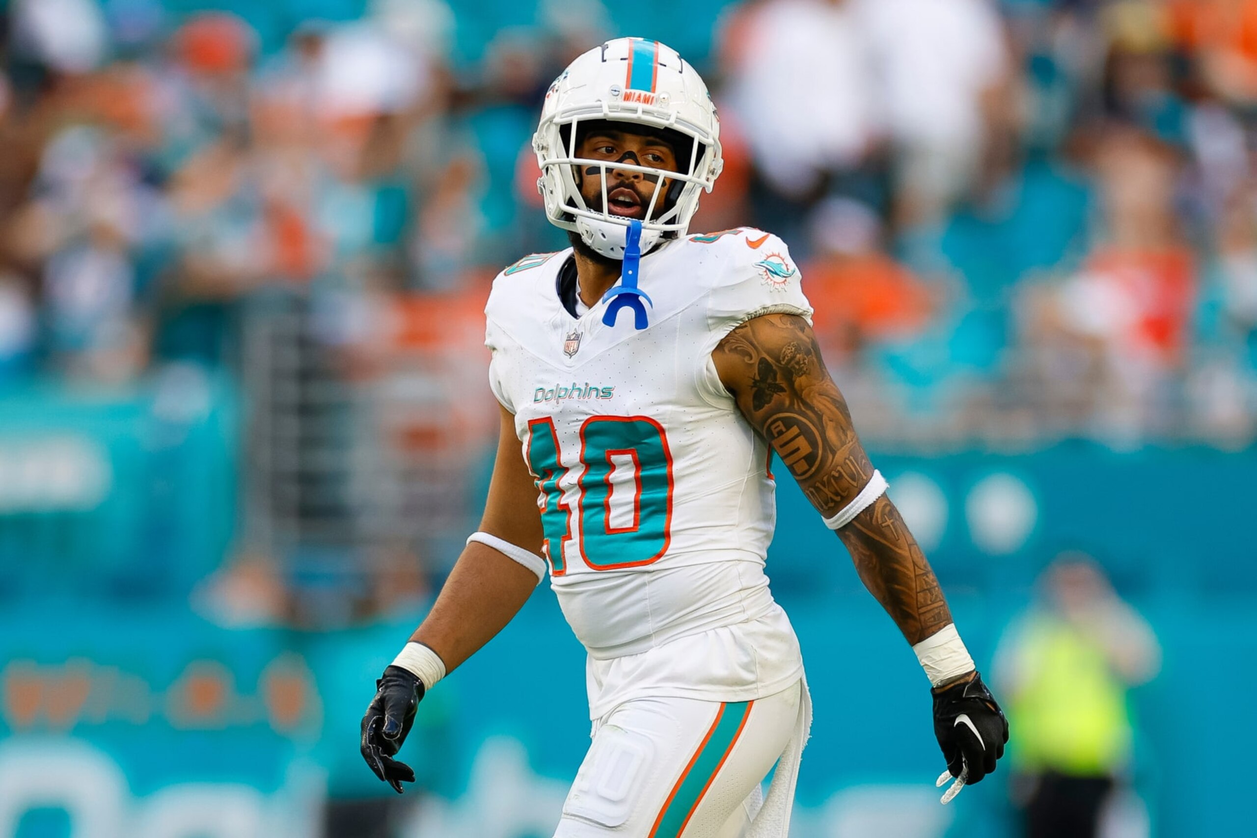 MIAMI GARDENS, FLORIDA - DECEMBER 17: Nik Needham #40 of the Miami Dolphins looks on during a game against the New York Jets at Hard Rock Stadium on December 17, 2023 in Miami Gardens, Florida. (Photo by Brandon Sloter/Image Of Sport/Getty Images)