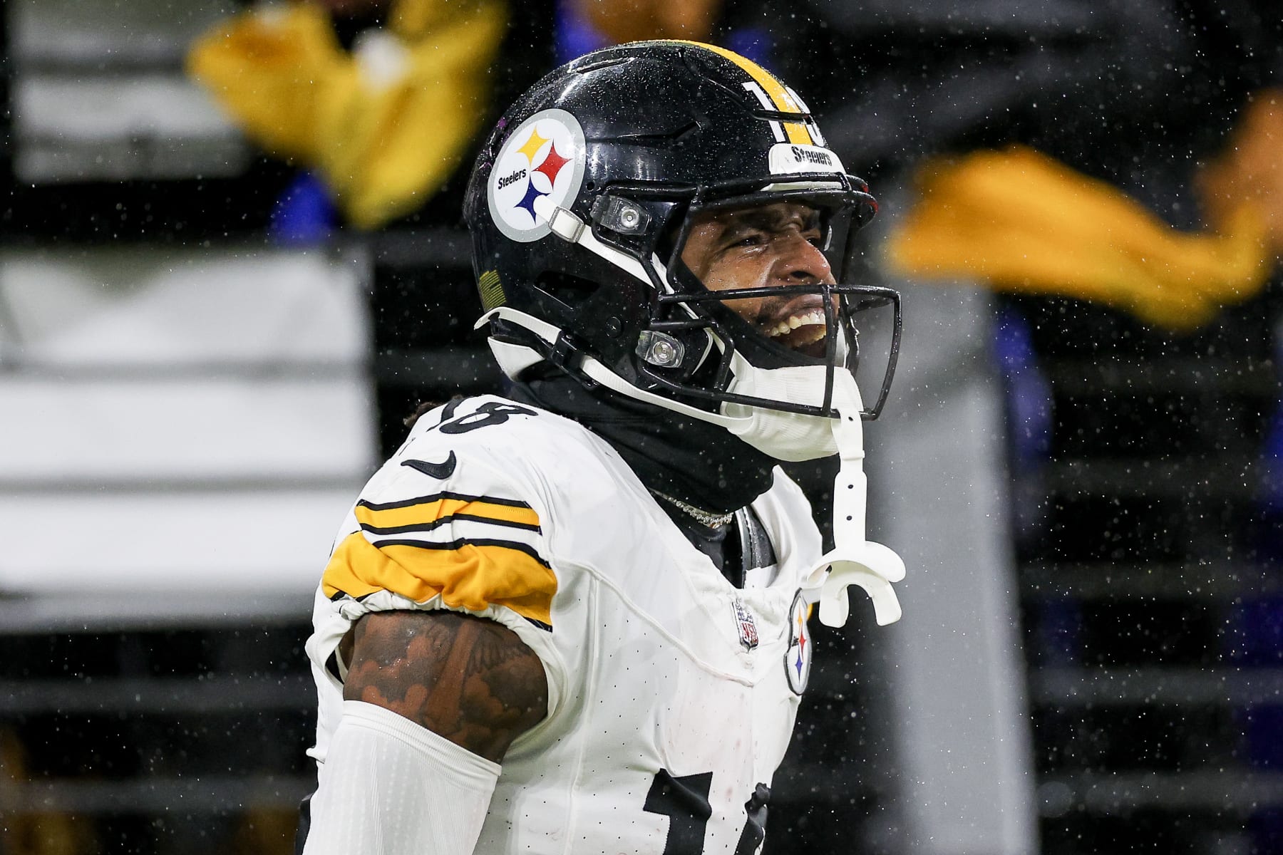BALTIMORE, MARYLAND - JANUARY 06: Diontae Johnson #18 of the Pittsburgh Steelers reacts after scoring a touchdown in the fourth quarter of a game against the Baltimore Ravens at M&T Bank Stadium on January 06, 2024 in Baltimore, Maryland. (Photo by Patrick Smith/Getty Images)