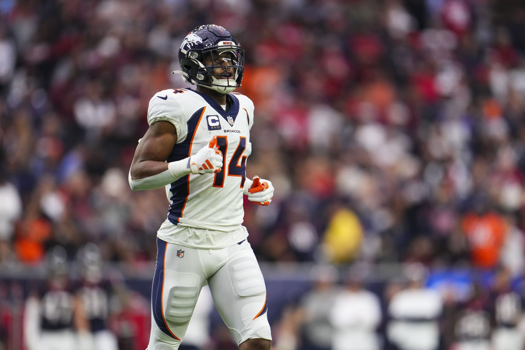 HOUSTON, TX - DECEMBER 03: Courtland Sutton #14 of the Denver Broncos runs across the field during an NFL football game against the Houston Texans at NRG Stadium on December 3, 2023 in Houston, Texas. (Photo by Cooper Neill/Getty Images)