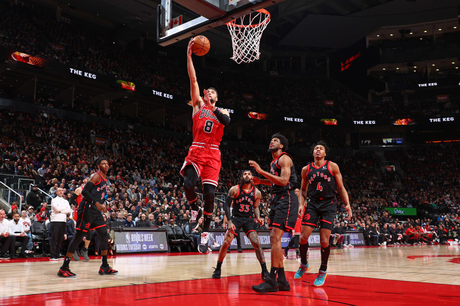 TORONTO, CANADA - JANUARY 18: Zach LaVine #8 of the Chicago Bulls shoots the ball during the game against the Toronto Raptors on January 18, 2024 at the Scotiabank Arena in Toronto, Ontario, Canada.  NOTE TO USER: User expressly acknowledges and agrees that, by downloading and or using this Photograph, user is consenting to the terms and conditions of the Getty Images License Agreement.  Mandatory Copyright Notice: Copyright 2024 NBAE (Photo by Vaughn Ridley/NBAE via Getty Images)