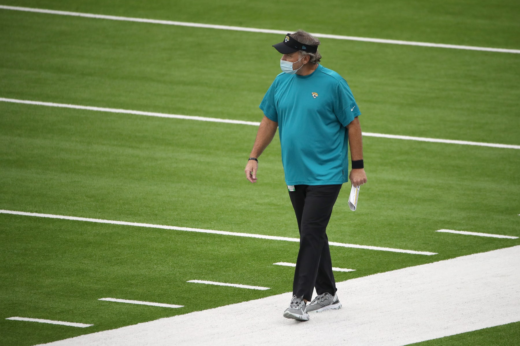 INGLEWOOD, CALIFORNIA - OCTOBER 25: Head coach Doug Marrone of the Jacksonville Jaguars watches warm ups before taking on the Los Angeles Chargers at SoFi Stadium on October 25, 2020 in Inglewood, California. (Photo by Katelyn Mulcahy/Getty Images)