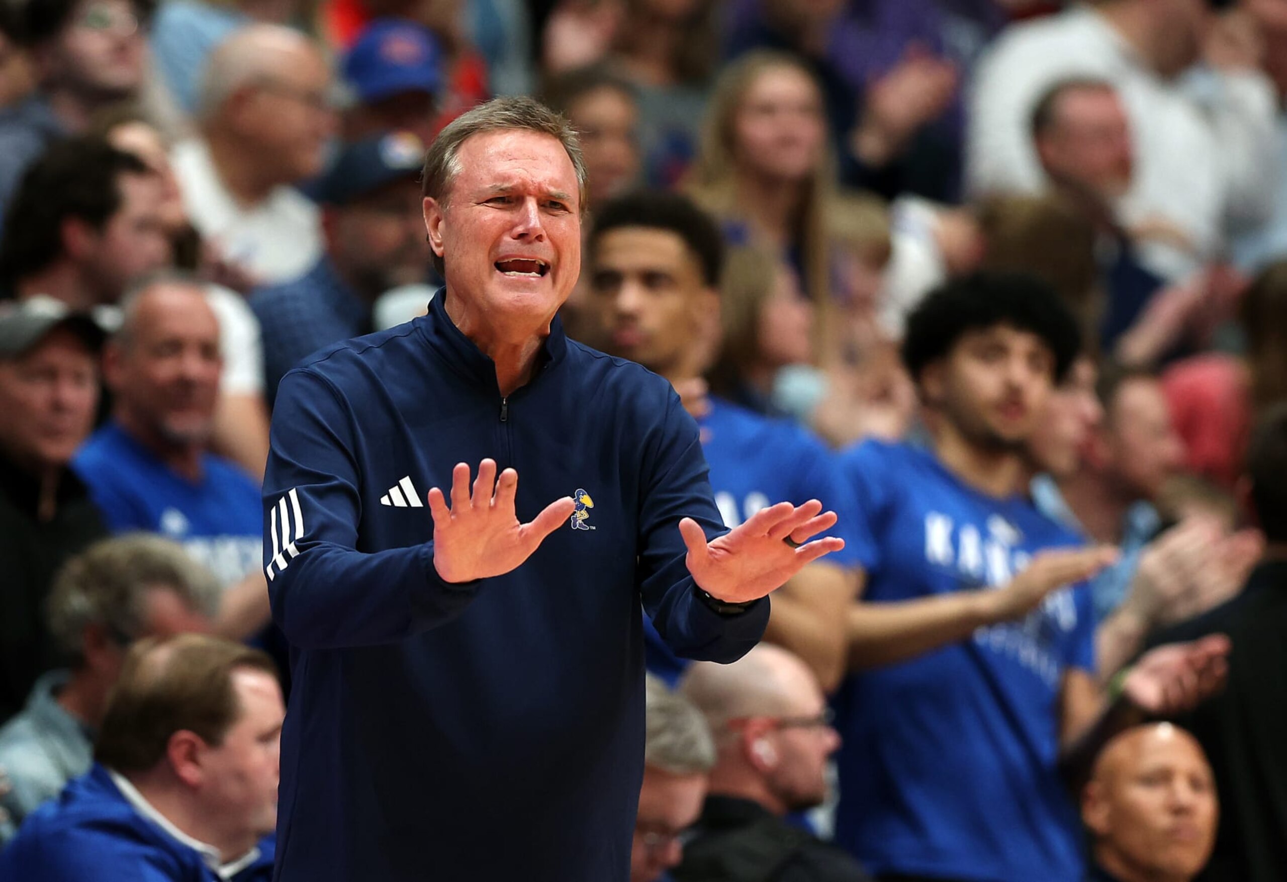 LAWRENCE, KANSAS - MARCH 05:  Head coach Bill Self of the Kansas Jayhawks reacts during the 2nd half of the game against the Kansas State Wildcats at Allen Fieldhouse on March 05, 2024 in Lawrence, Kansas. (Photo by Jamie Squire/Getty Images)