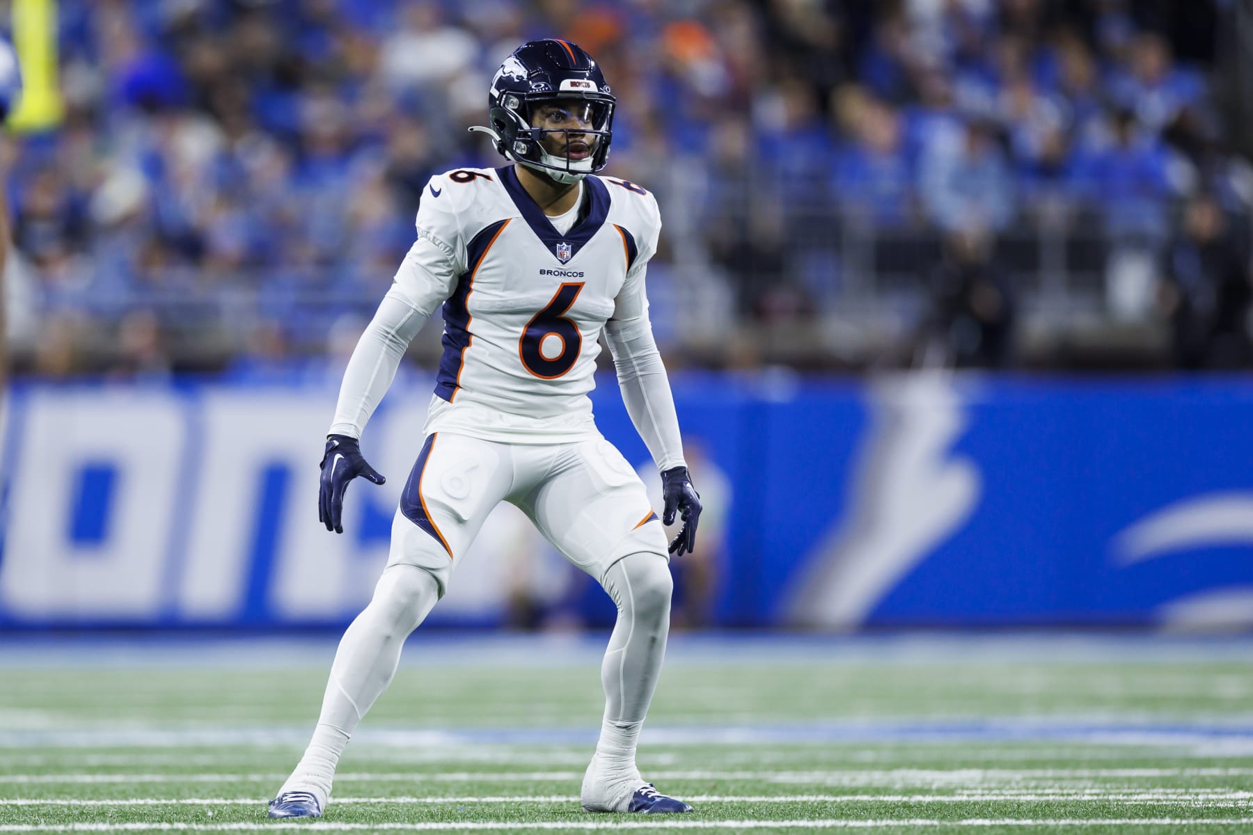 DETROIT, MICHIGAN - DECEMBER 16: P.J. Locke #6 of the Denver Broncos defends in coverage during an NFL football game against the Detroit Lions at Ford Field on December 16, 2023 in Detroit, Michigan. (Photo by Ryan Kang/Getty Images)