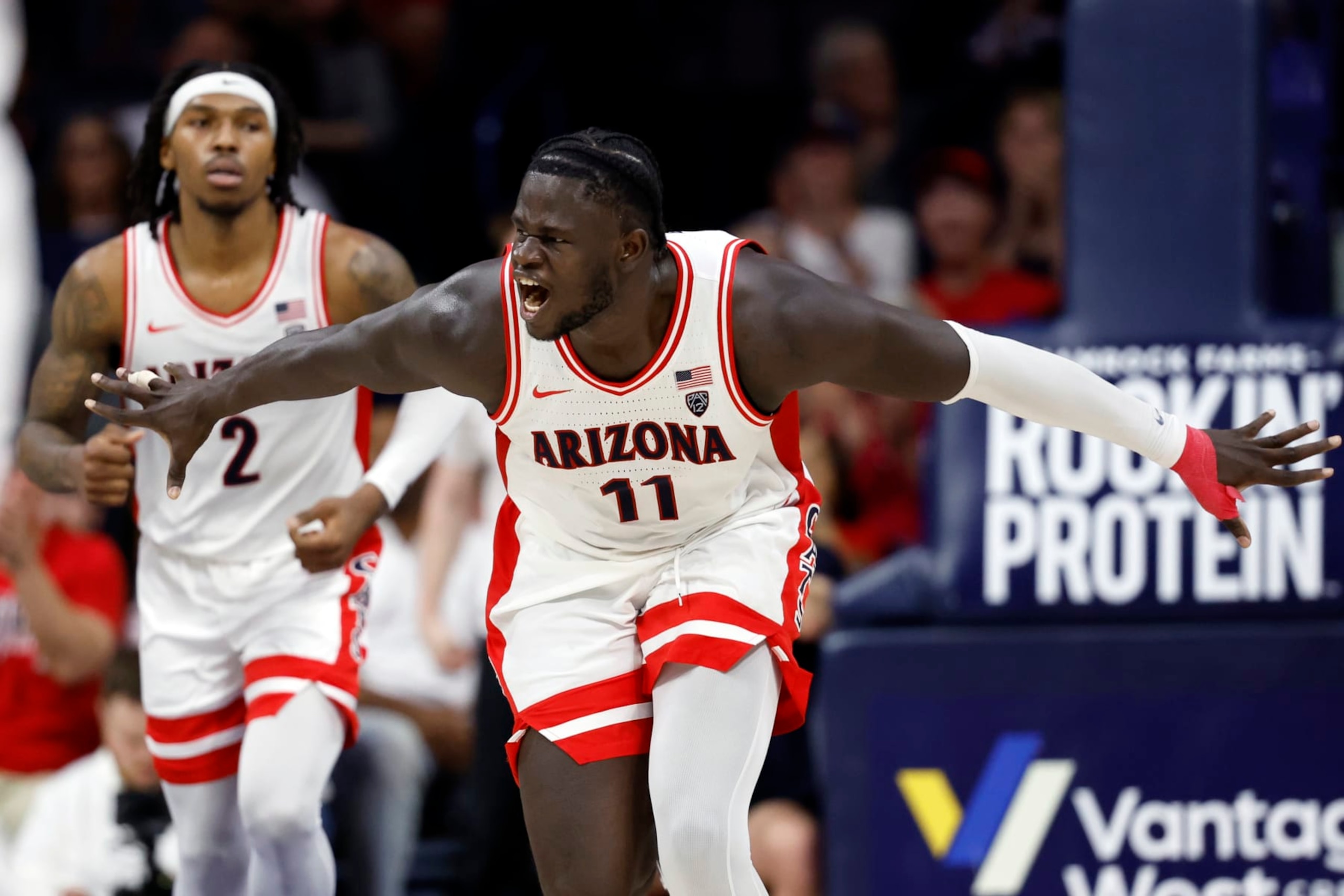 TUCSON, ARIZONA - FEBRUARY 24: Oumar Ballo #11 of the Arizona Wildcats reacts after dunking the ball against the Washington Huskies during the second half at McKale Center on February 24, 2024 in Tucson, Arizona. (Photo by Chris Coduto/Getty Images) TUCSON, ARIZONA - FEBRUARY 24: Oumar Ballo #11 of the Arizona Wildcats reacts after dunking the ball against the Washington Huskies during the second half at McKale Center on February 24, 2024 in Tucson, Arizona. (Photo by Chris Coduto/Getty Images)