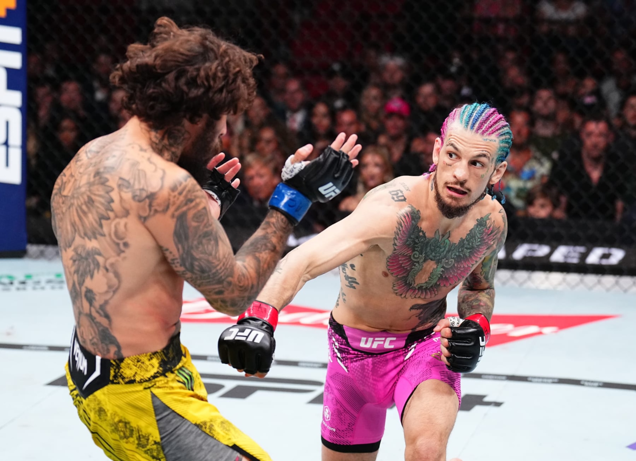 MIAMI, FLORIDA - MARCH 09: (R-L) Sean O'Malley punches Marlon Vera of Ecuador in the UFC bantamweight championship fight during the UFC 299 event at Kaseya Center on March 09, 2024 in Miami, Florida. (Photo by Chris Unger/Zuffa LLC via Getty Images)