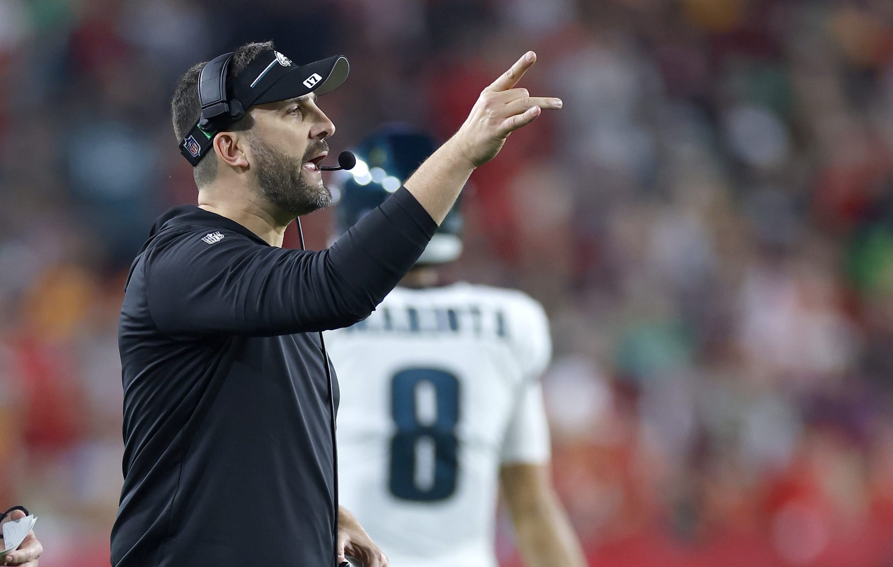 TAMPA, FLORIDA - JANUARY 15: Philadelphia Eagles head coach Nick Sirianni looks on during the NFC Wild Card game  at Raymond James Stadium on January 15, 2024 in Tampa, Florida. (Photo by Mike Ehrmann/Getty Images)