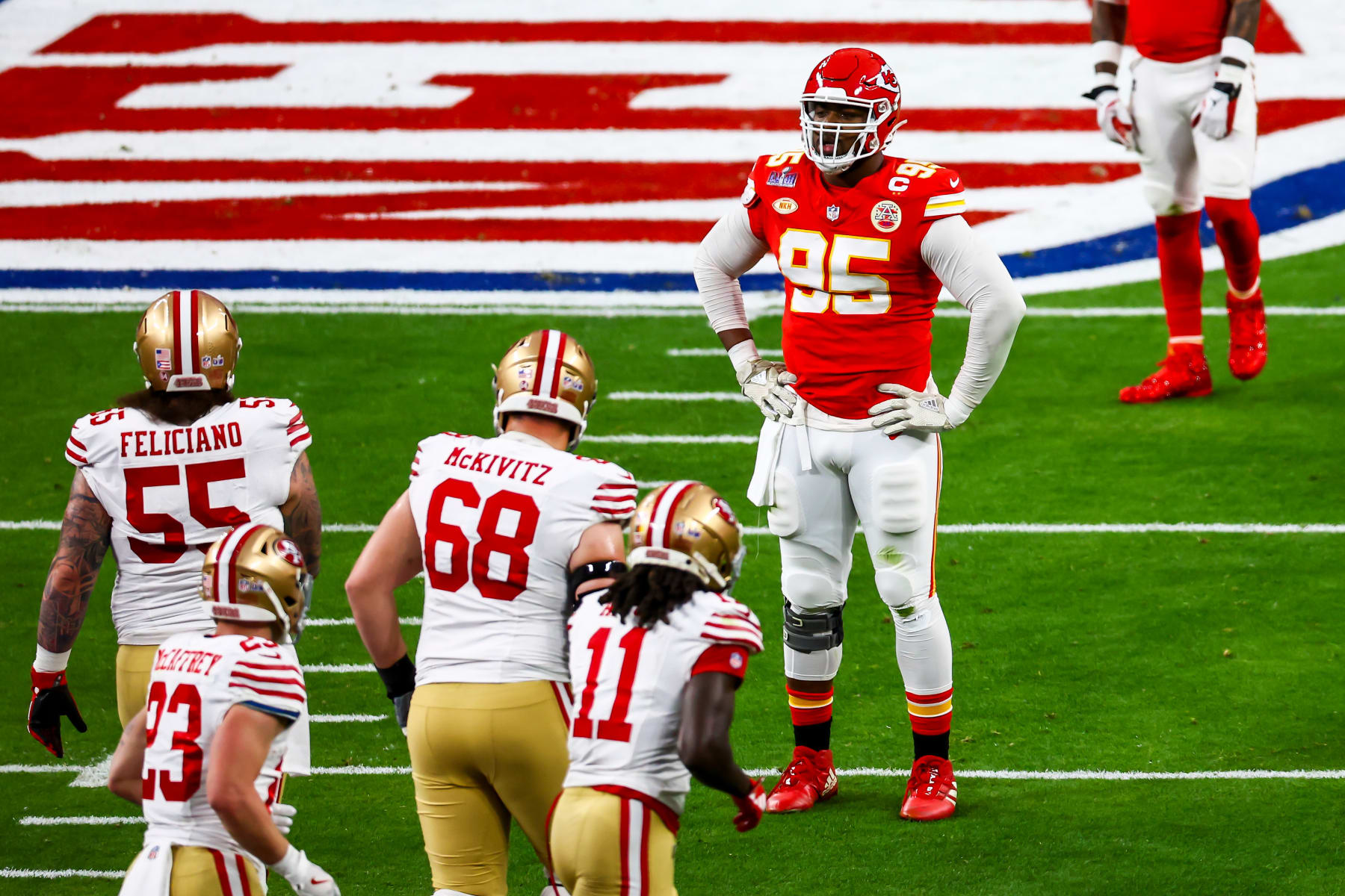 LAS VEGAS, NV - FEBRUARY 11: Kansas City Chiefs defensive tackle Chris Jones (95) stands ready for the next play during Super Bowl LVIII between the Kansas City Chiefs and the San Francisco 49ers on Sunday February 11, 2024 at Allegiant Stadium in Las Vegas, NV.  (Photo by Nick Tre. Smith/Icon Sportswire via Getty Images)