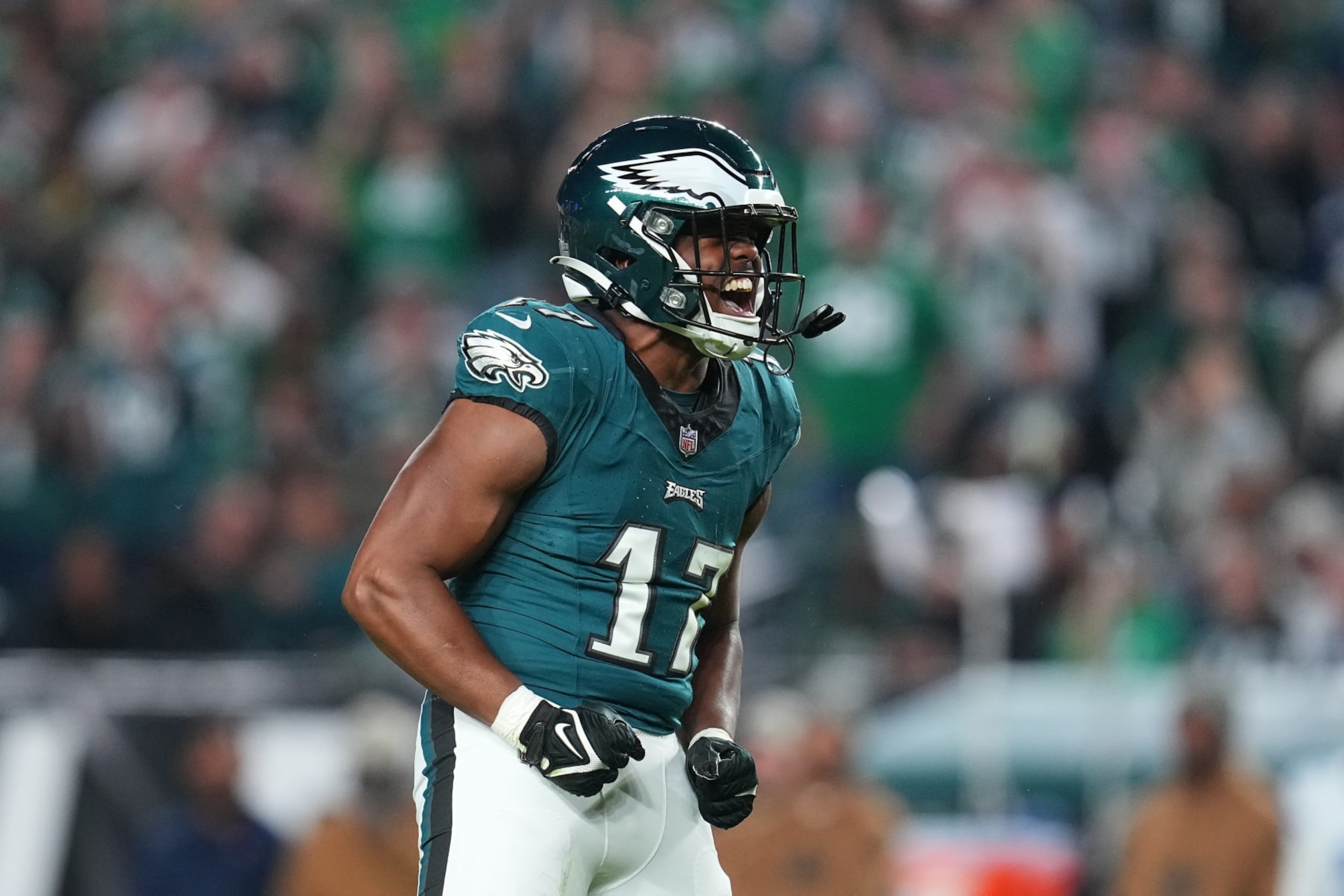 PHILADELPHIA, PENNSYLVANIA - NOVEMBER 05: Nakobe Dean #17 of the Philadelphia Eagles reacts during the second quarter in the game against the Dallas Cowboys at Lincoln Financial Field on November 05, 2023 in Philadelphia, Pennsylvania. (Photo by Mitchell Leff/Getty Images)