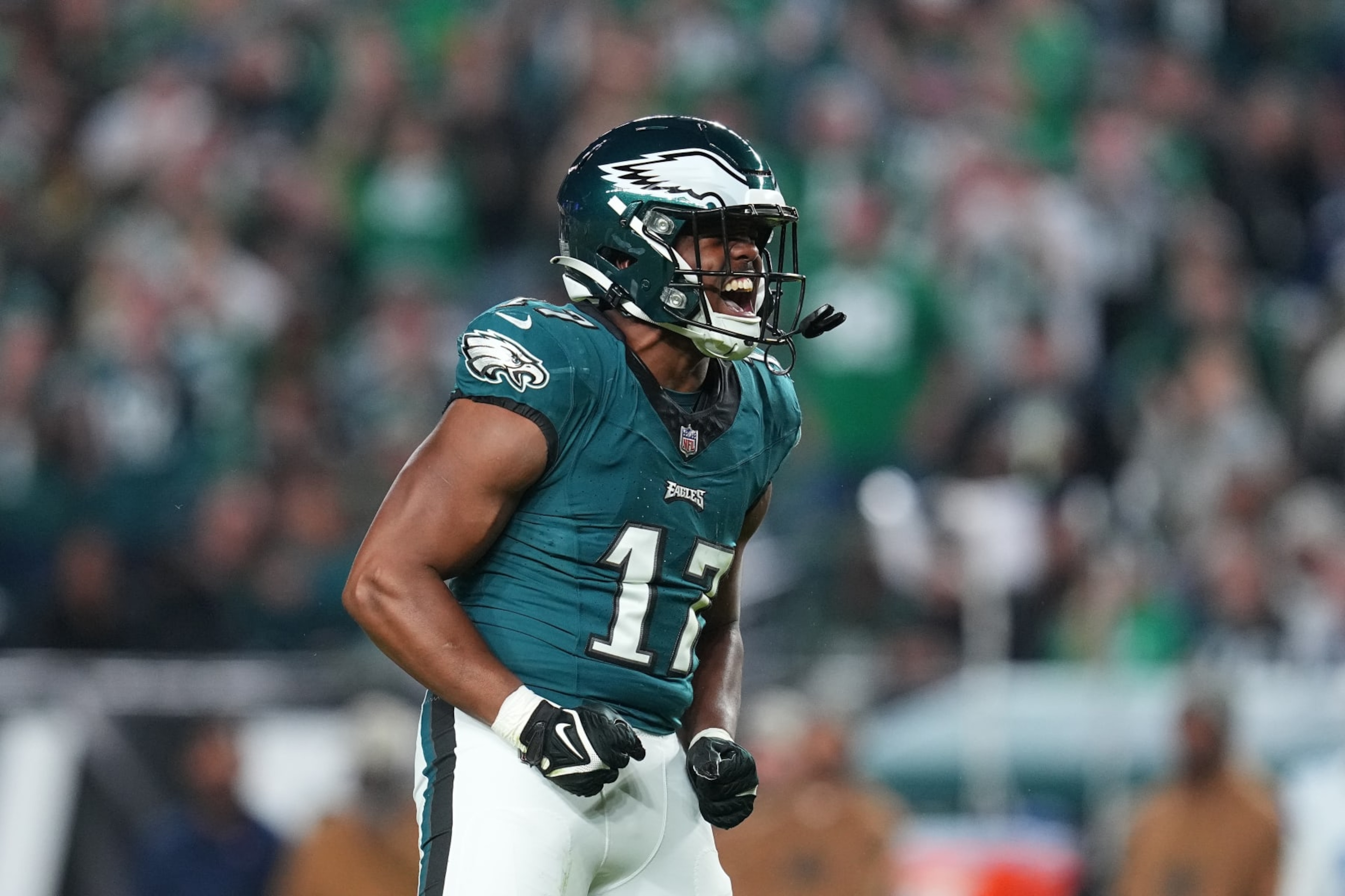PHILADELPHIA, PENNSYLVANIA - NOVEMBER 05: Nakobe Dean #17 of the Philadelphia Eagles reacts during the second quarter in the game against the Dallas Cowboys at Lincoln Financial Field on November 05, 2023 in Philadelphia, Pennsylvania. (Photo by Mitchell Leff/Getty Images)