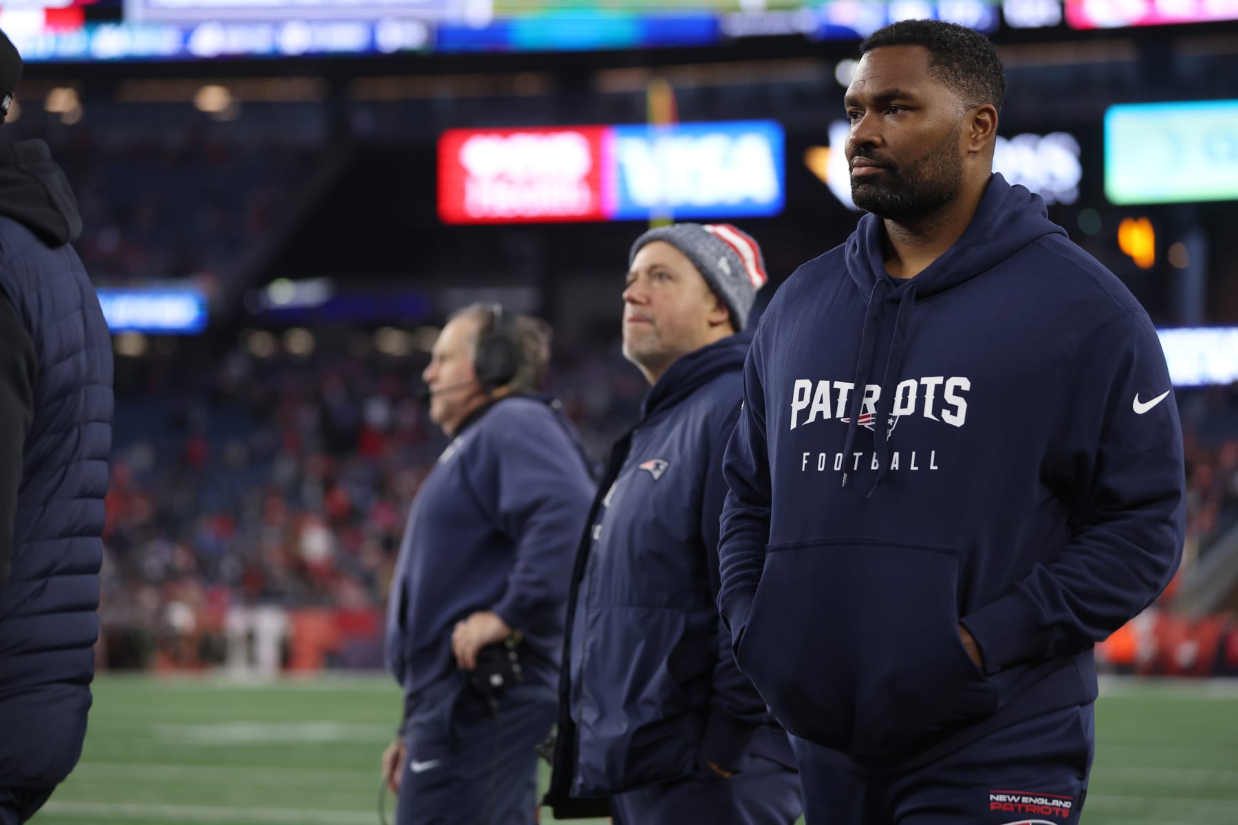 FOXBOROUGH, MASSACHUSETTS - DECEMBER 17: New England Patriots linebacker coach Jerod Mayo walks off the field after his team's 27-17 loss against the Kansas City Chiefs at Gillette Stadium on December 17, 2023 in Foxborough, Massachusetts. (Photo by Maddie Meyer/Getty Images)