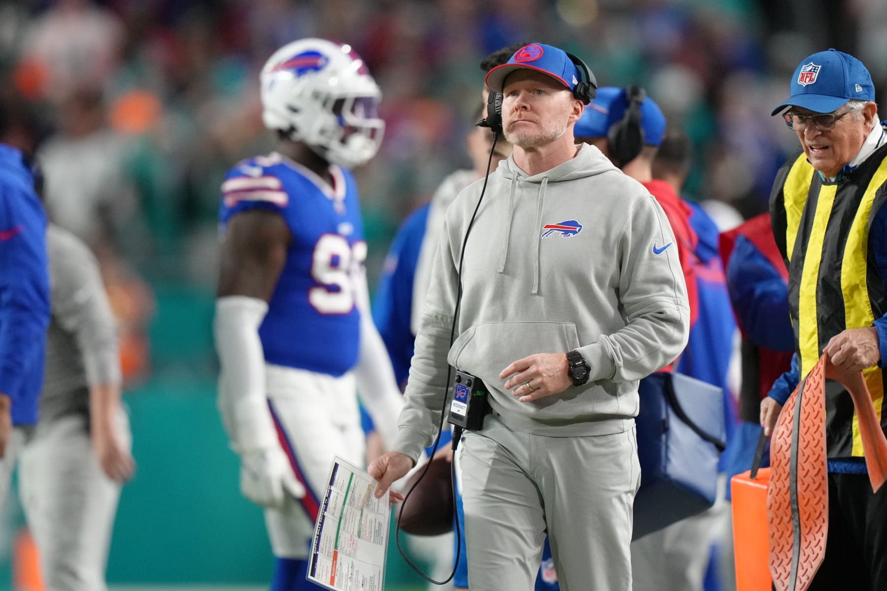 MIAMI GARDENS, FL - JANUARY 07: Buffalo Bills emac coach Sean McDermott walks the sidelines during the game between the Buffalo Bills and the Miami Dolphins on Sunday, January 7, 2024 at Hard Rock Stadium, Miami Gardens, Fla. (Photo by Peter Joneleit/Icon Sportswire via Getty Images)