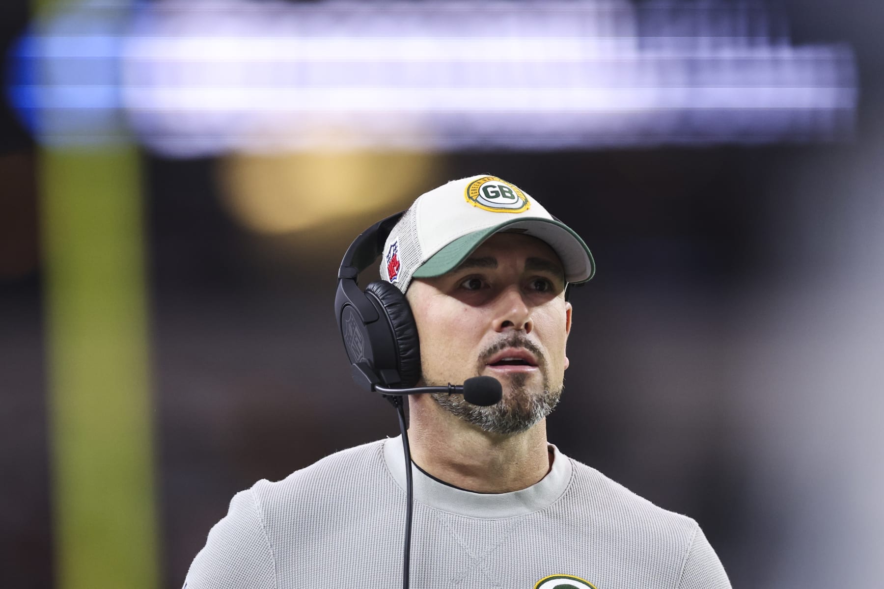 ARLINGTON, TX - JANUARY 14: Matt LaFleur of the Green Bay Packers looks on from the sideline during an NFL wild-card playoff football game against the Dallas Cowboys at AT&T Stadium on January 14, 2024 in Arlington, Texas. (Photo by Perry Knotts/Getty Images)