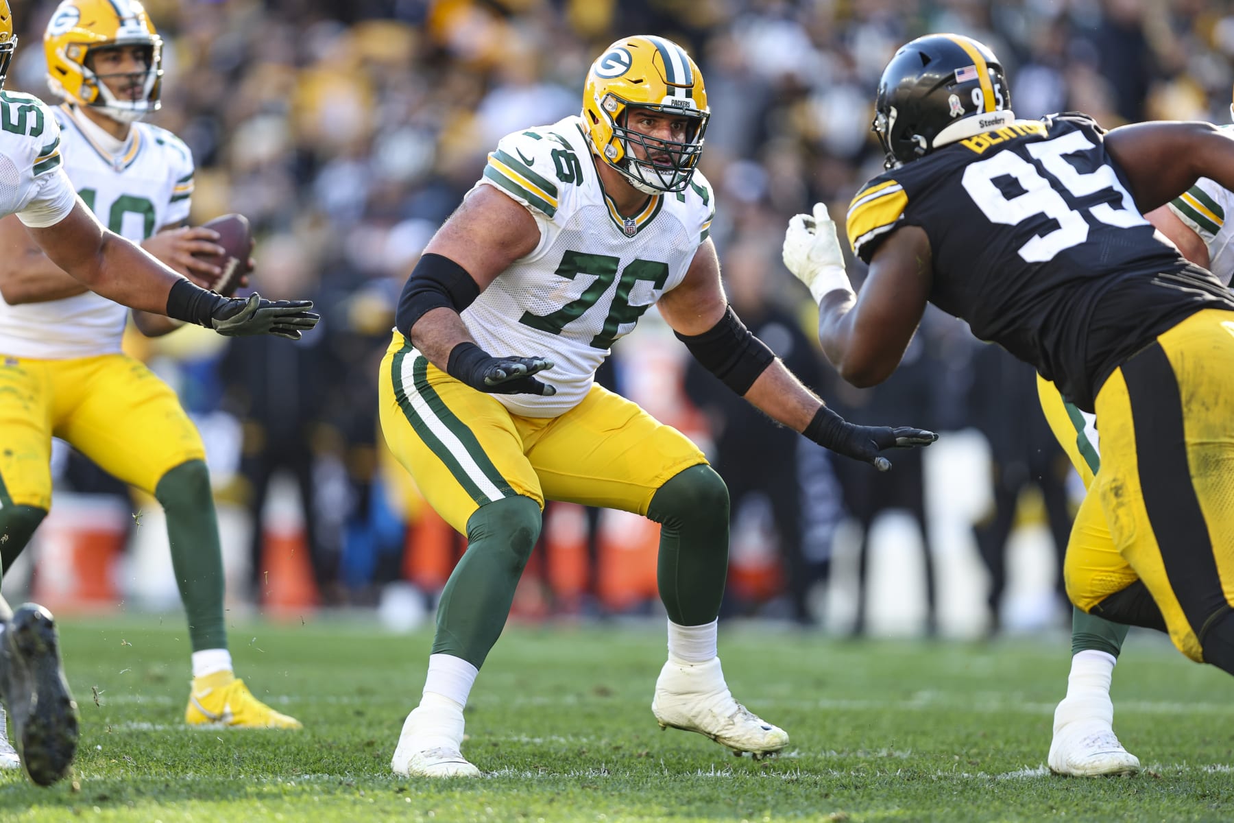 PITTSBURGH, PA - NOVEMBER 12: Jon Runyan #76 of the Green Bay Packers drops back to block during an NFL football game against the Pittsburgh Steelers at Acrisure Stadium on November 12, 2023 in Pittsburgh, Pennsylvania. (Photo by Perry Knotts/Getty Images)