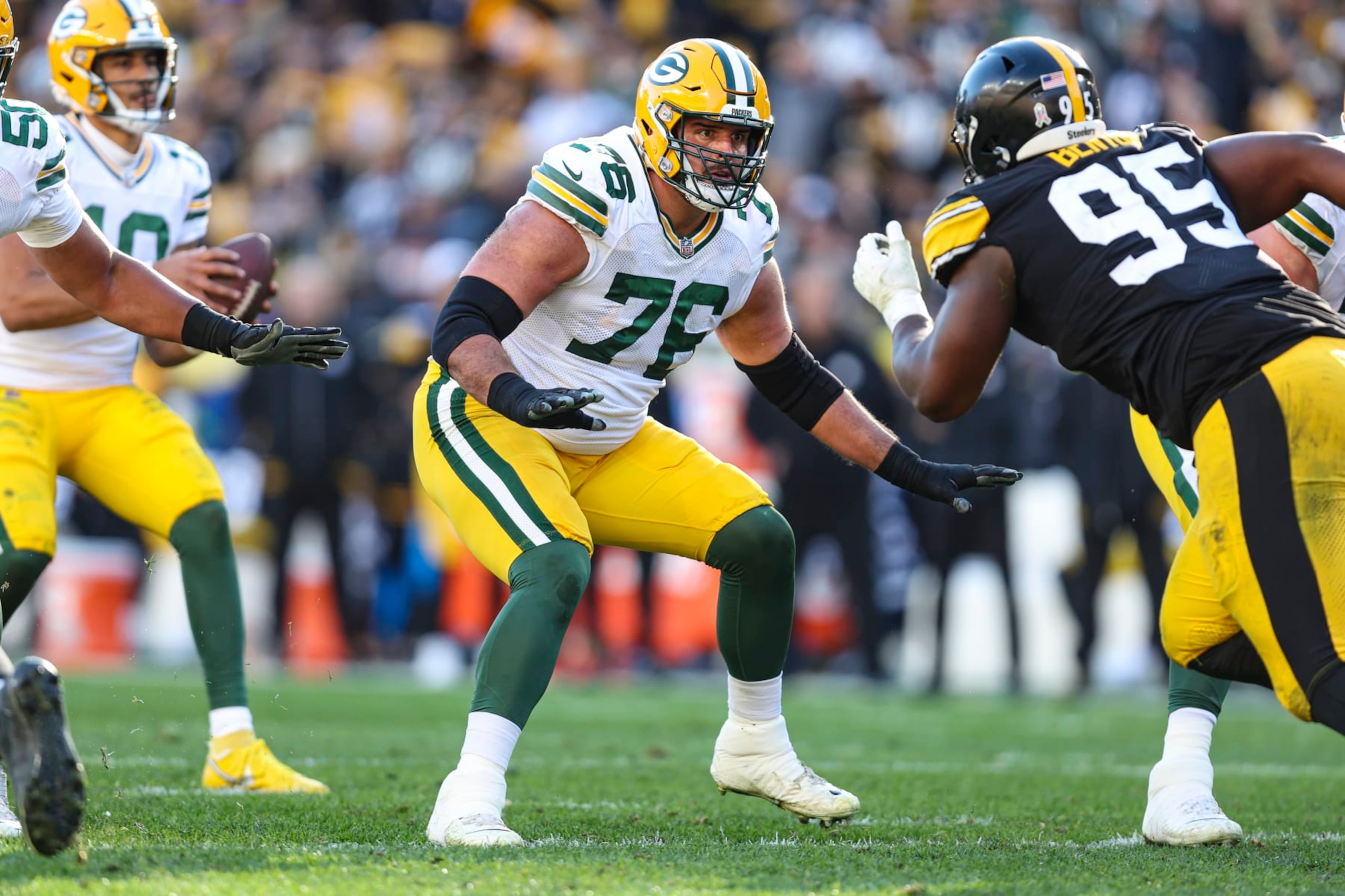 PITTSBURGH, PA - NOVEMBER 12: Jon Runyan #76 of the Green Bay Packers drops back to block during an NFL football game against the Pittsburgh Steelers at Acrisure Stadium on November 12, 2023 in Pittsburgh, Pennsylvania. (Photo by Perry Knotts/Getty Images)