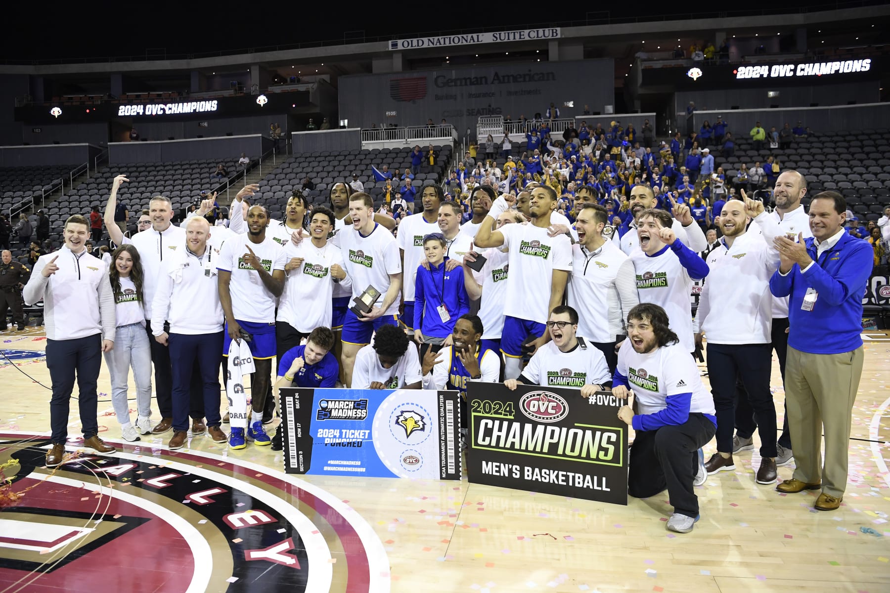 Morehead State celebrates winning the first of the 32 conference tournaments