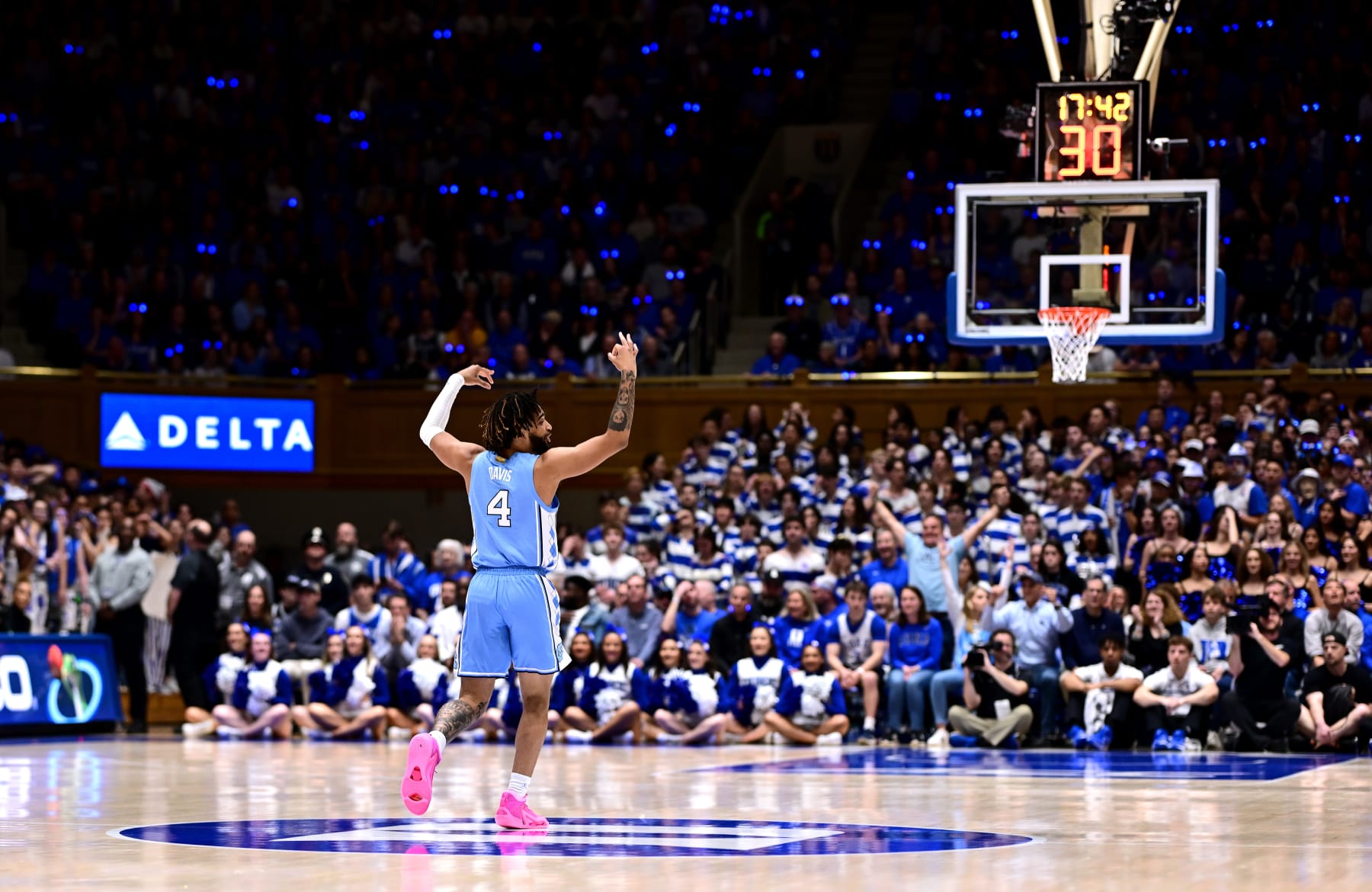 DURHAM, NORTH CAROLINA - MARCH 09: RJ Davis #4 of the North Carolina Tar Heels reacts after a teammate's three-point basket against the Duke Blue Devils during the first half of the game at Cameron Indoor Stadium on March 09, 2024 in Durham, North Carolina. (Photo by Grant Halverson/Getty Images)