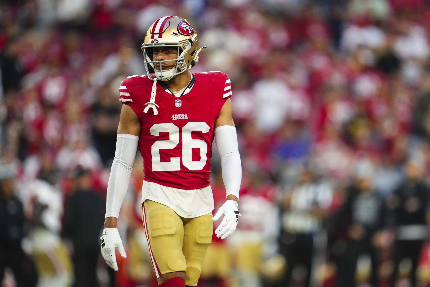 GLENDALE, AZ - DECEMBER 17: Isaiah Oliver #26 of the San Francisco 49ers looks on from the field during an NFL football game against the Arizona Cardinals at State Farm Stadium on December 17, 2023 in Glendale, Arizona. (Photo by Cooper Neill/Getty Images) GLENDALE, AZ - DECEMBER 17: Isaiah Oliver #26 of the San Francisco 49ers looks on from the field during an NFL football game against the Arizona Cardinals at State Farm Stadium on December 17, 2023 in Glendale, Arizona. (Photo by Cooper Neill/Getty Images)