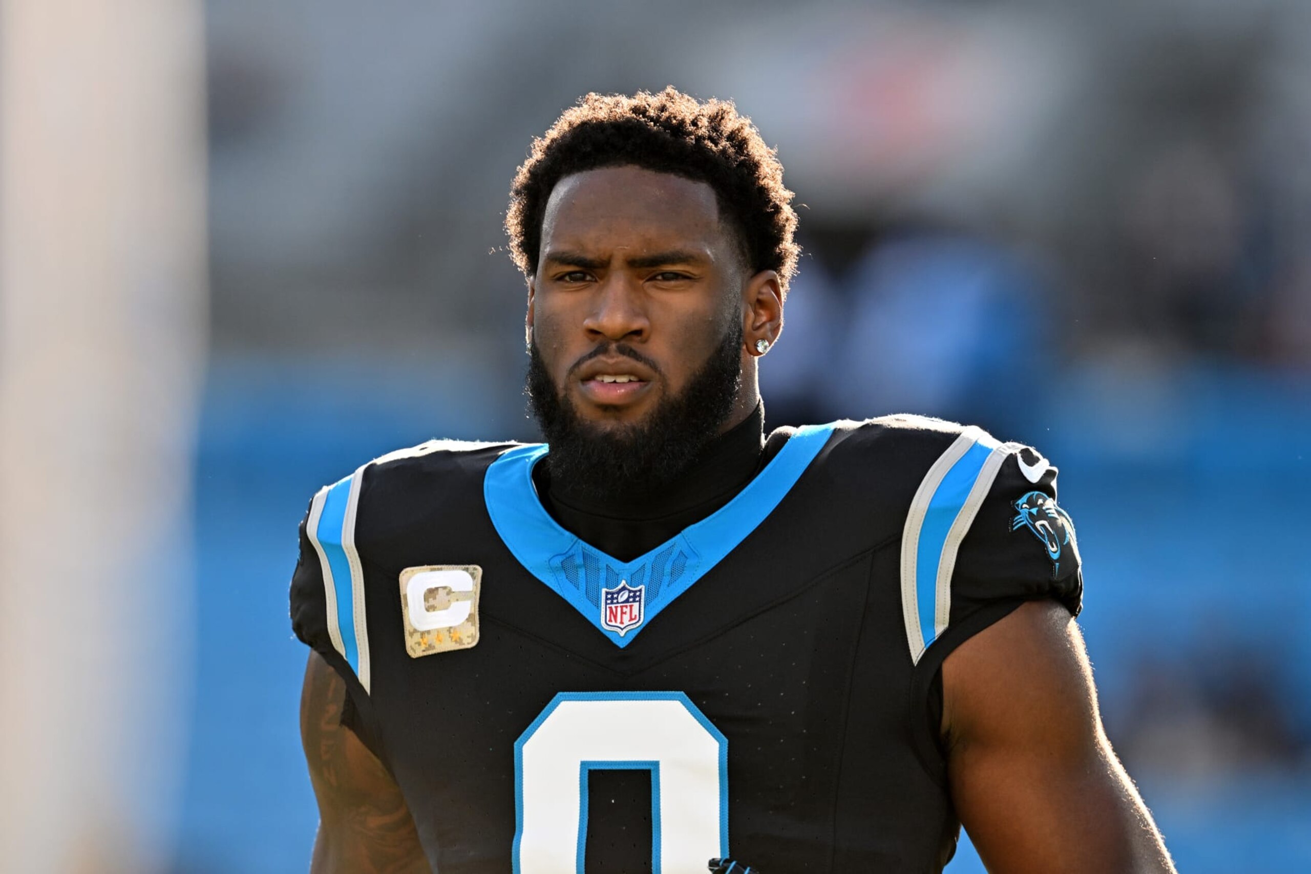 CHARLOTTE, NORTH CAROLINA - NOVEMBER 05: Brian Burns #0 of the Carolina Panthers warms up during the game against the Indianapolis Colts at Bank of America Stadium on November 05, 2023 in Charlotte, North Carolina. (Photo by Grant Halverson/Getty Images)
