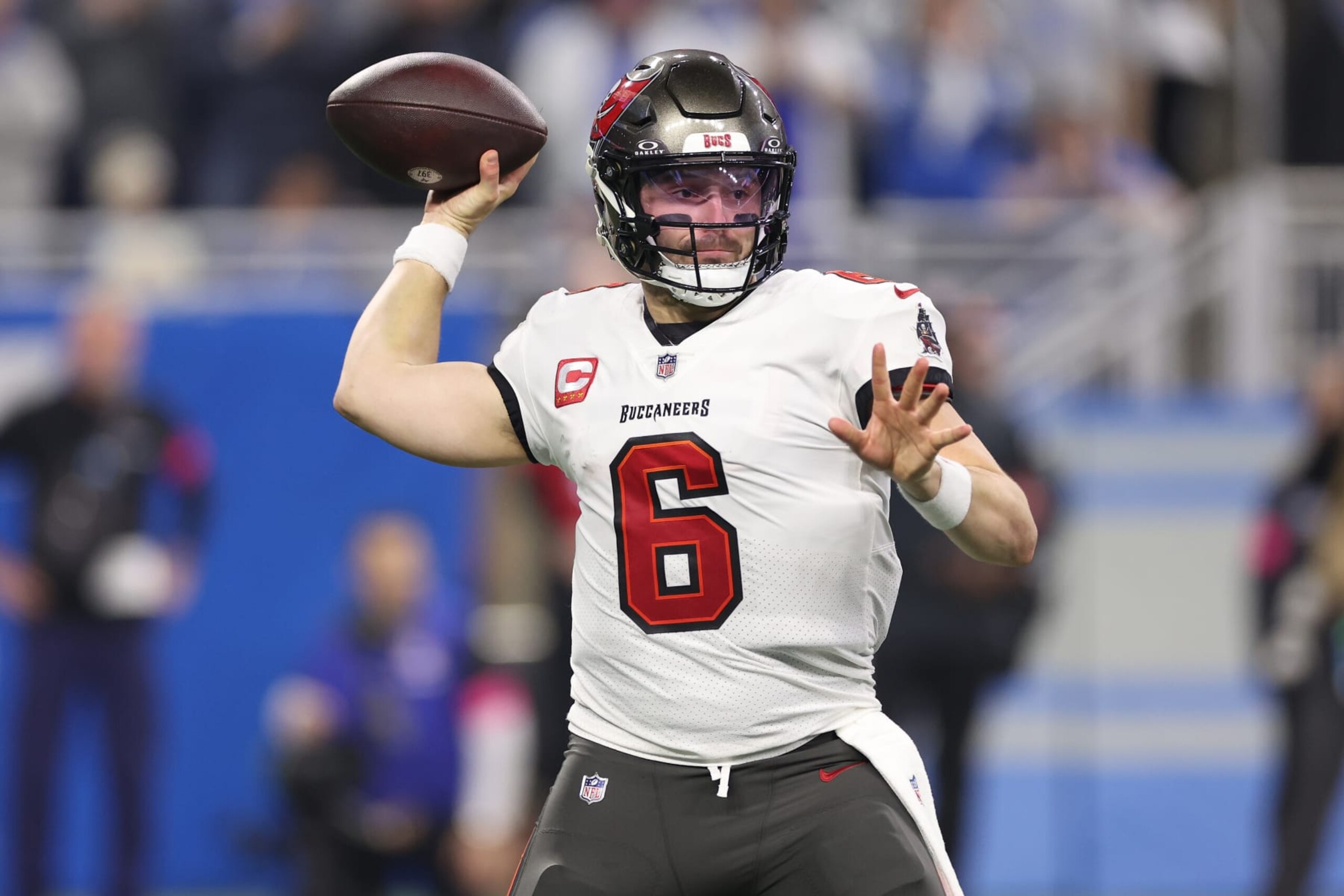 DETROIT, MICHIGAN - JANUARY 21: Baker Mayfield #6 of the Tampa Bay Buccaneers plays against the Detroit Lions during a NFC Divisional Playoff game at Ford Field on January 21, 2024 in Detroit, Michigan. (Photo by Gregory Shamus/Getty Images)