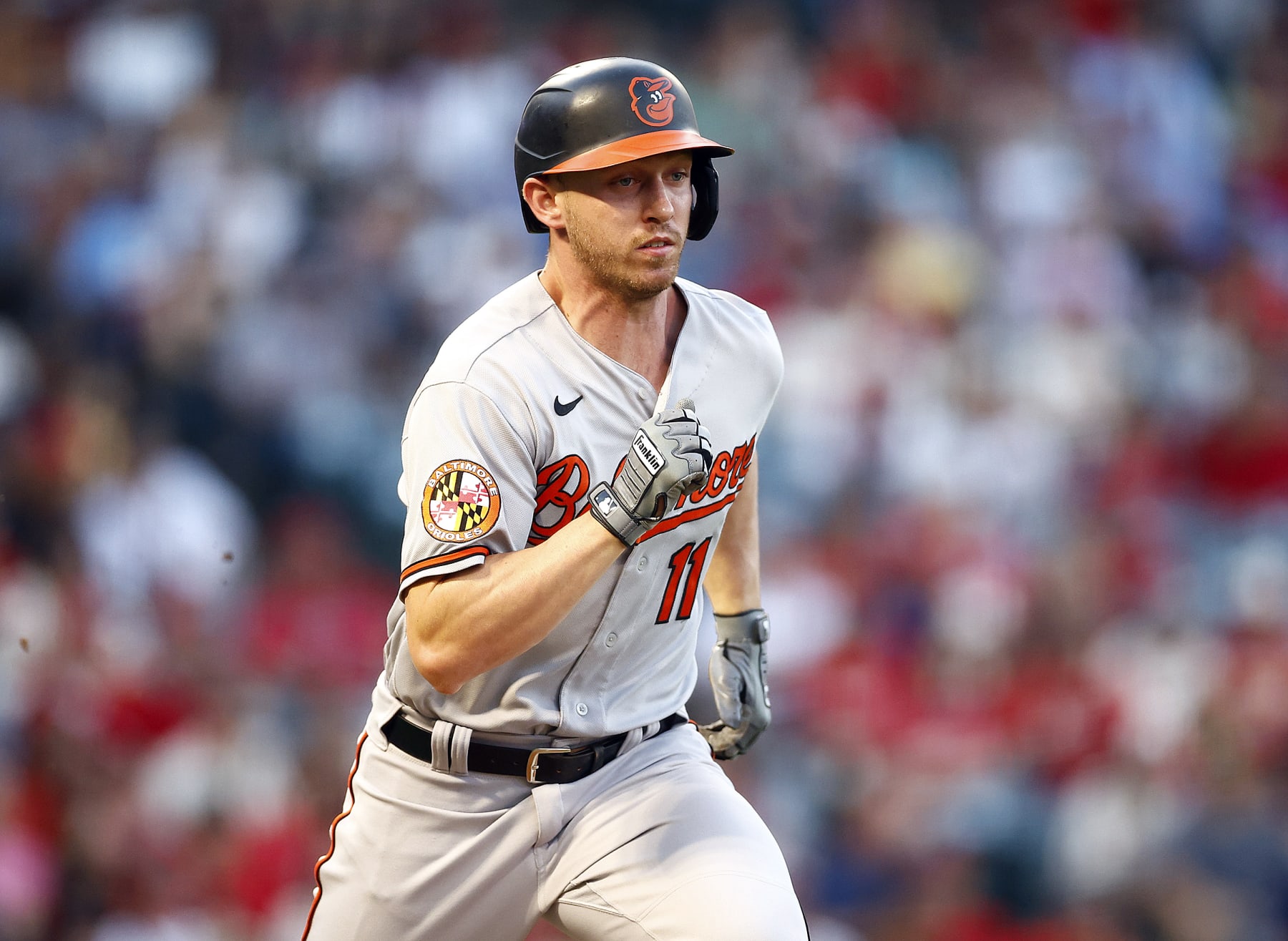 ANAHEIM, CALIFORNIA - SEPTEMBER 04:  Jordan Westburg #11 of the Baltimore Orioles at Angel Stadium of Anaheim on September 04, 2023 in Anaheim, California. (Photo by Ronald Martinez/Getty Images)