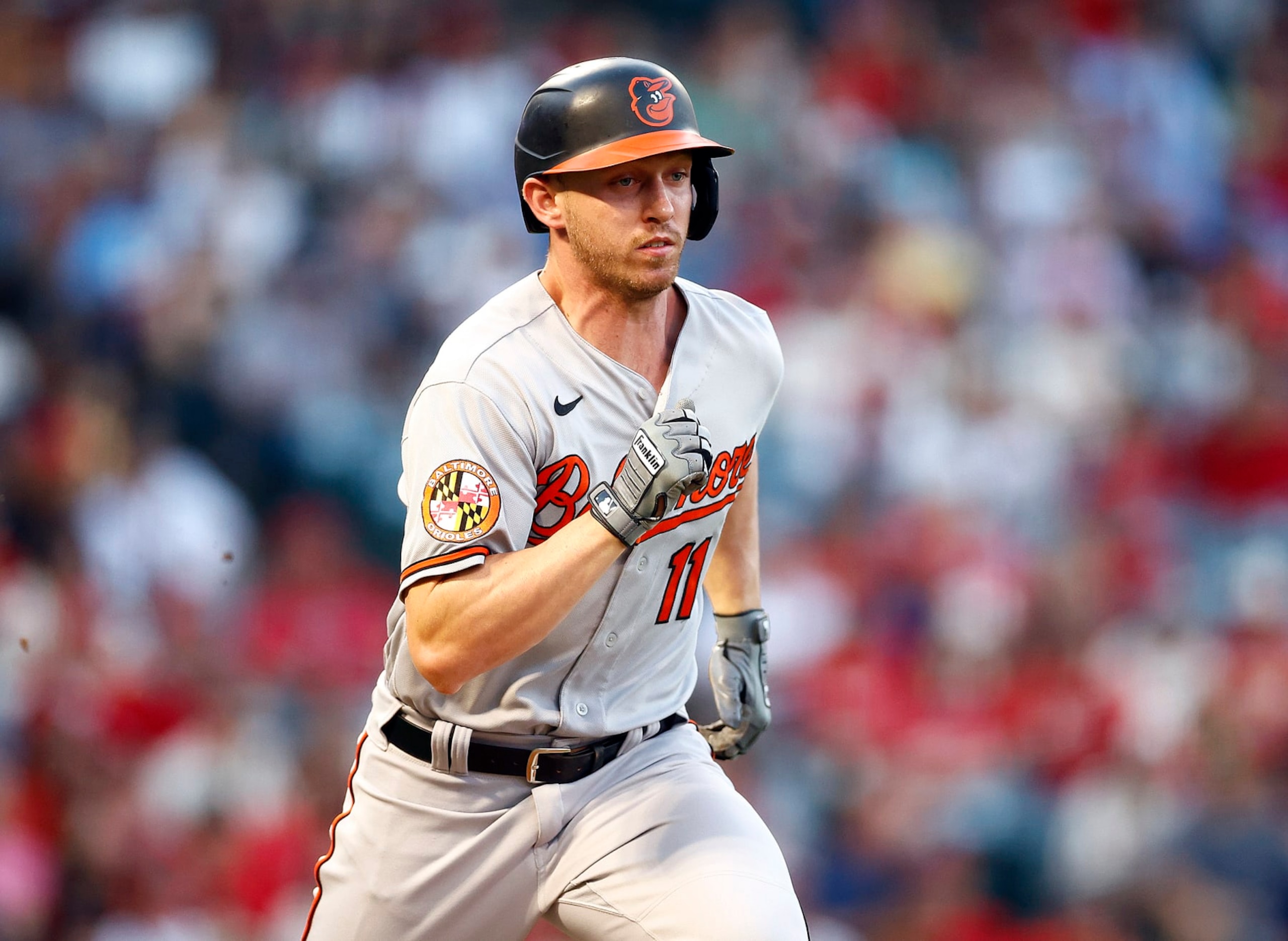 ANAHEIM, CALIFORNIA - SEPTEMBER 04:  Jordan Westburg #11 of the Baltimore Orioles at Angel Stadium of Anaheim on September 04, 2023 in Anaheim, California. (Photo by Ronald Martinez/Getty Images)