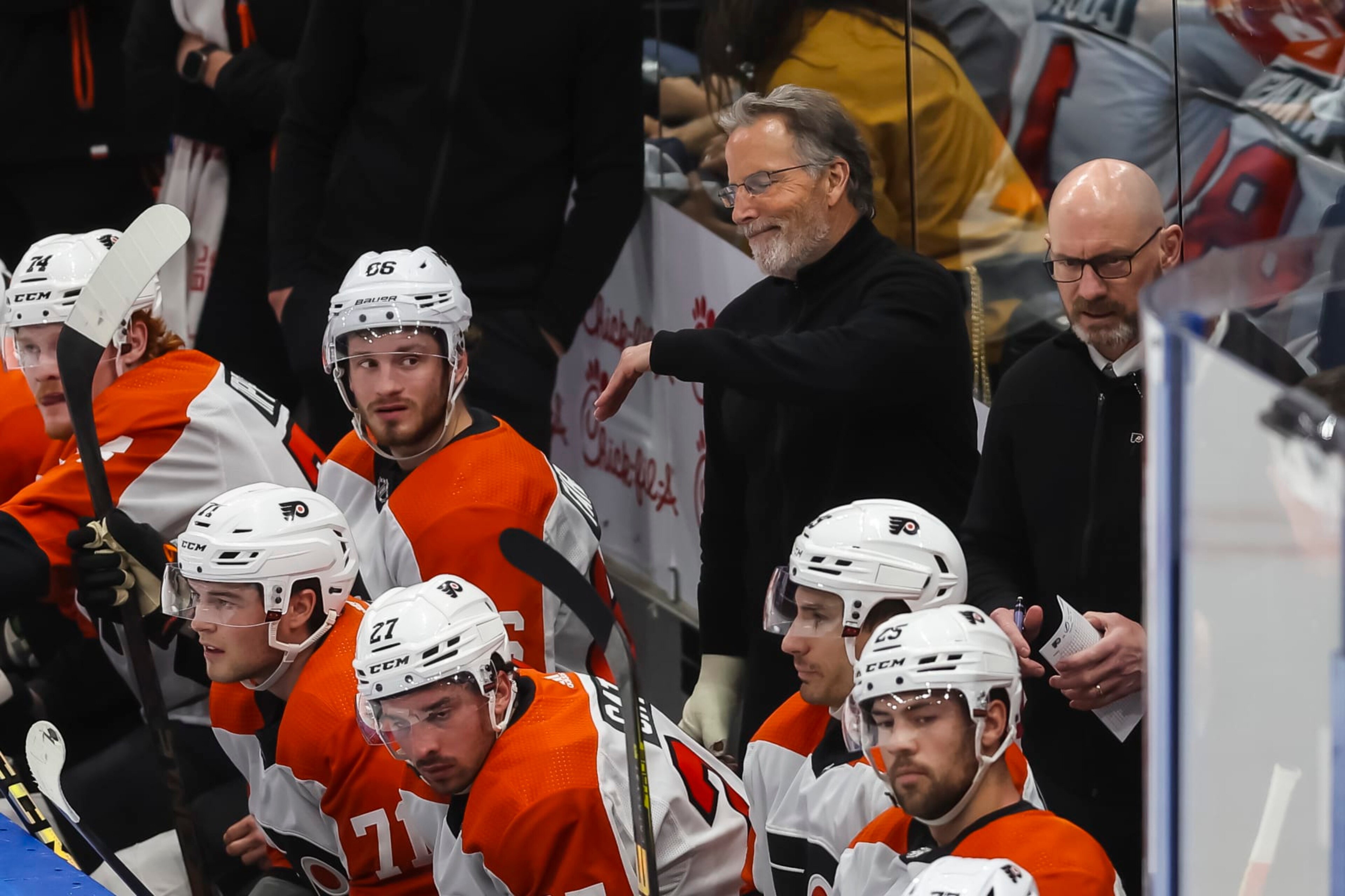 TAMPA, FL - MARCH 9: Head coach John Tortorella
of the Philadelphia Flyers reacts to being ejected during the first period against the Tampa Bay Lightning at Amalie Arena on March 9, 2024 in Tampa, Florida. (Photo by Mike Carlson/NHLI via Getty Images) TAMPA, FL - MARCH 9: Head coach John Tortorella
of the Philadelphia Flyers reacts to being ejected during the first period against the Tampa Bay Lightning at Amalie Arena on March 9, 2024 in Tampa, Florida. (Photo by Mike Carlson/NHLI via Getty Images)