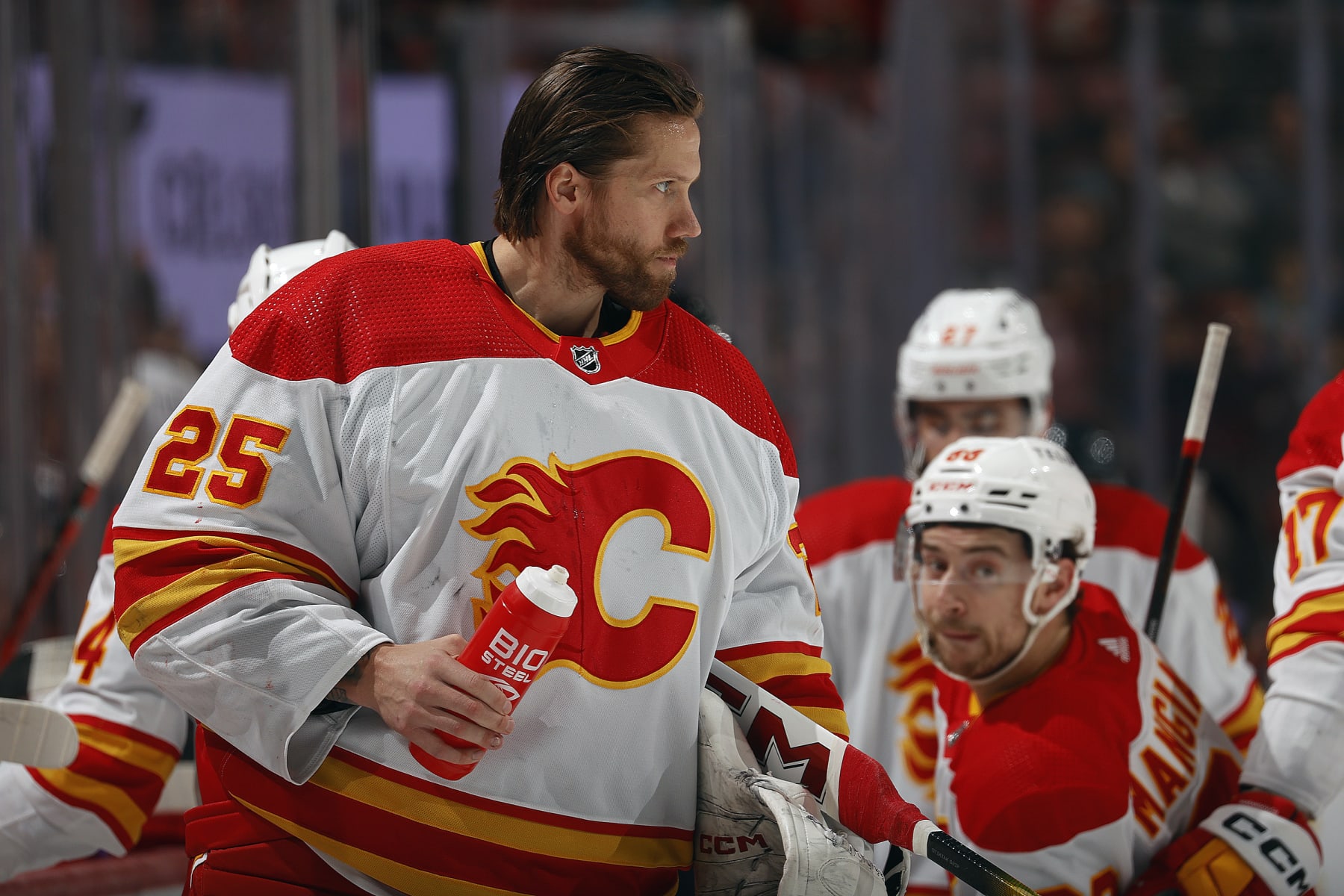 SUNRISE, FLORIDA - MARCH 9: Goaltender Jacob Markstrom #25 of the Calgary Flames cools off during a break in the action against the Florida Panthers at the Amerant Bank Arena on March 9, 2024 in Sunrise, Florida. (Photo by Eliot J. Schechter/NHLI via Getty Images)