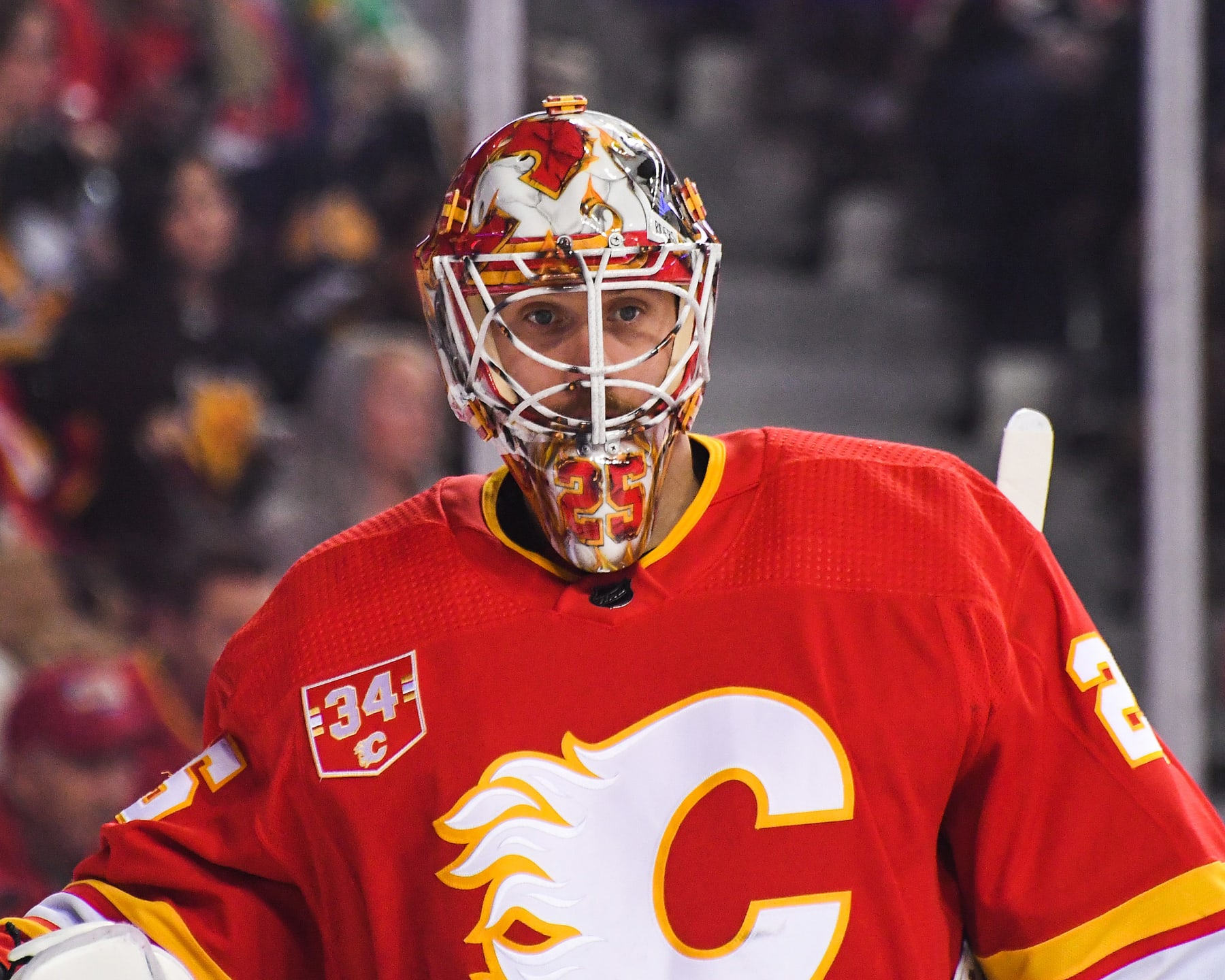 CALGARY, CANADA - MARCH 2: Jacob Markstrom #25 of the Calgary Flames in action against the Pittsburgh Penguins during an NHL game at Scotiabank Saddledome on March 2, 2024 in Calgary, Alberta, Canada.  The Flames defeated the Penguins 4-3. (Photo by Derek Leung/Getty Images)