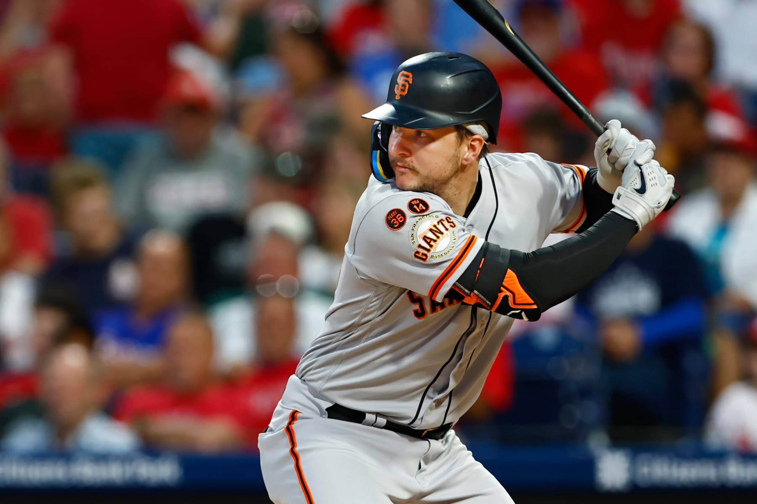 PHILADELPHIA, PENNSYLVANIA - AUGUST 22:  Patrick Bailey #14 of the San Francisco Giants in action against the Philadelphia Phillies during a game at Citizens Bank Park on August 22, 2023 in Philadelphia, Pennsylvania. (Photo by Rich Schultz/Getty Images)