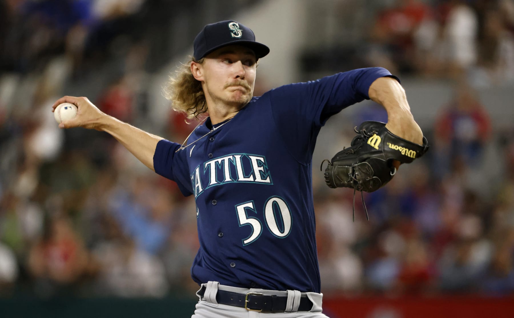 ARLINGTON, TX - JUNE 4: Bryce Miller #50 of the Seattle Mariners pitches against the Texas Rangers during the second inningat Globe Life Field on June 4, 2023 in Arlington, Texas. (Photo by Ron Jenkins/Getty Images)
