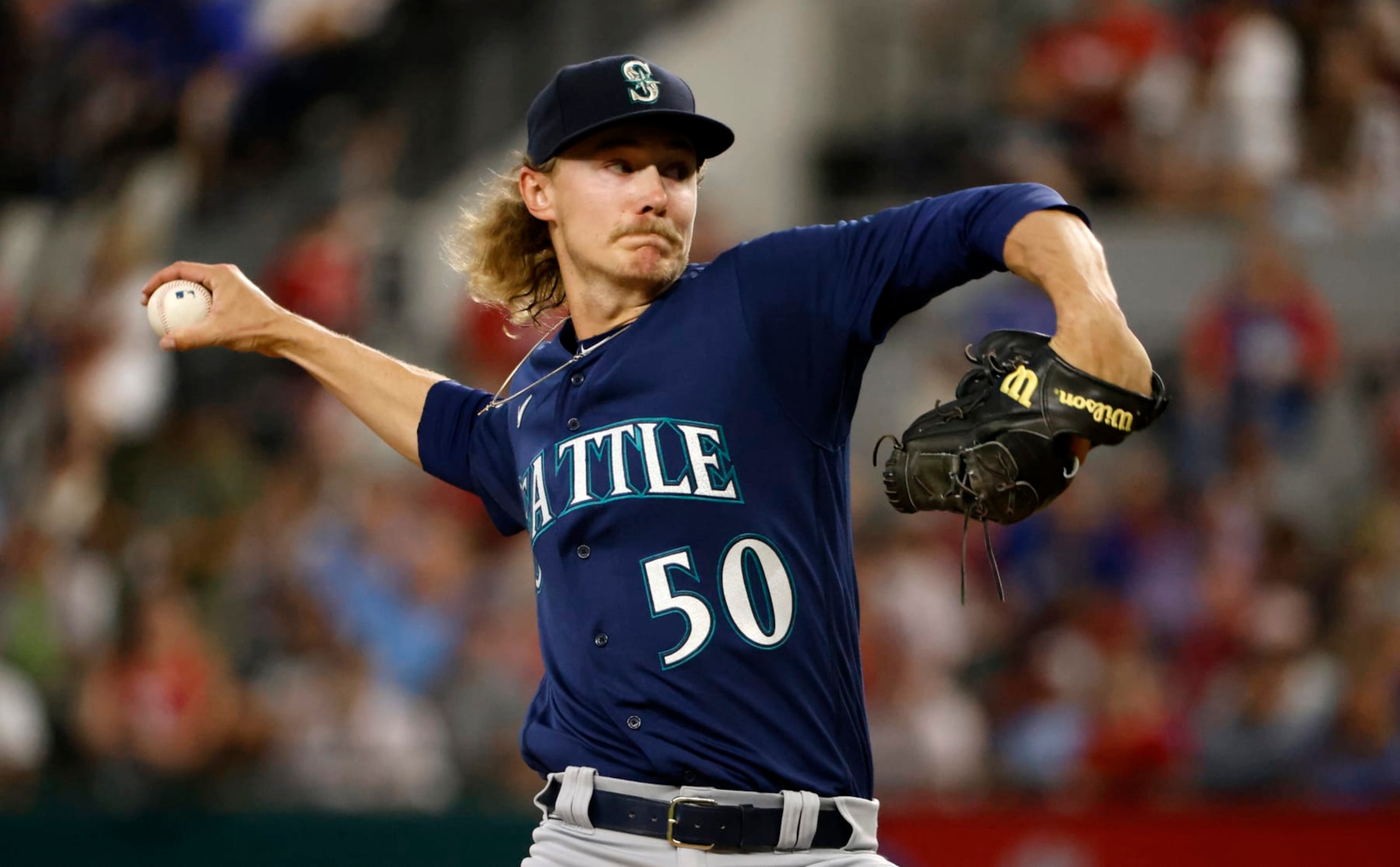 ARLINGTON, TX - JUNE 4: Bryce Miller #50 of the Seattle Mariners pitches against the Texas Rangers during the second inningat Globe Life Field on June 4, 2023 in Arlington, Texas. (Photo by Ron Jenkins/Getty Images)