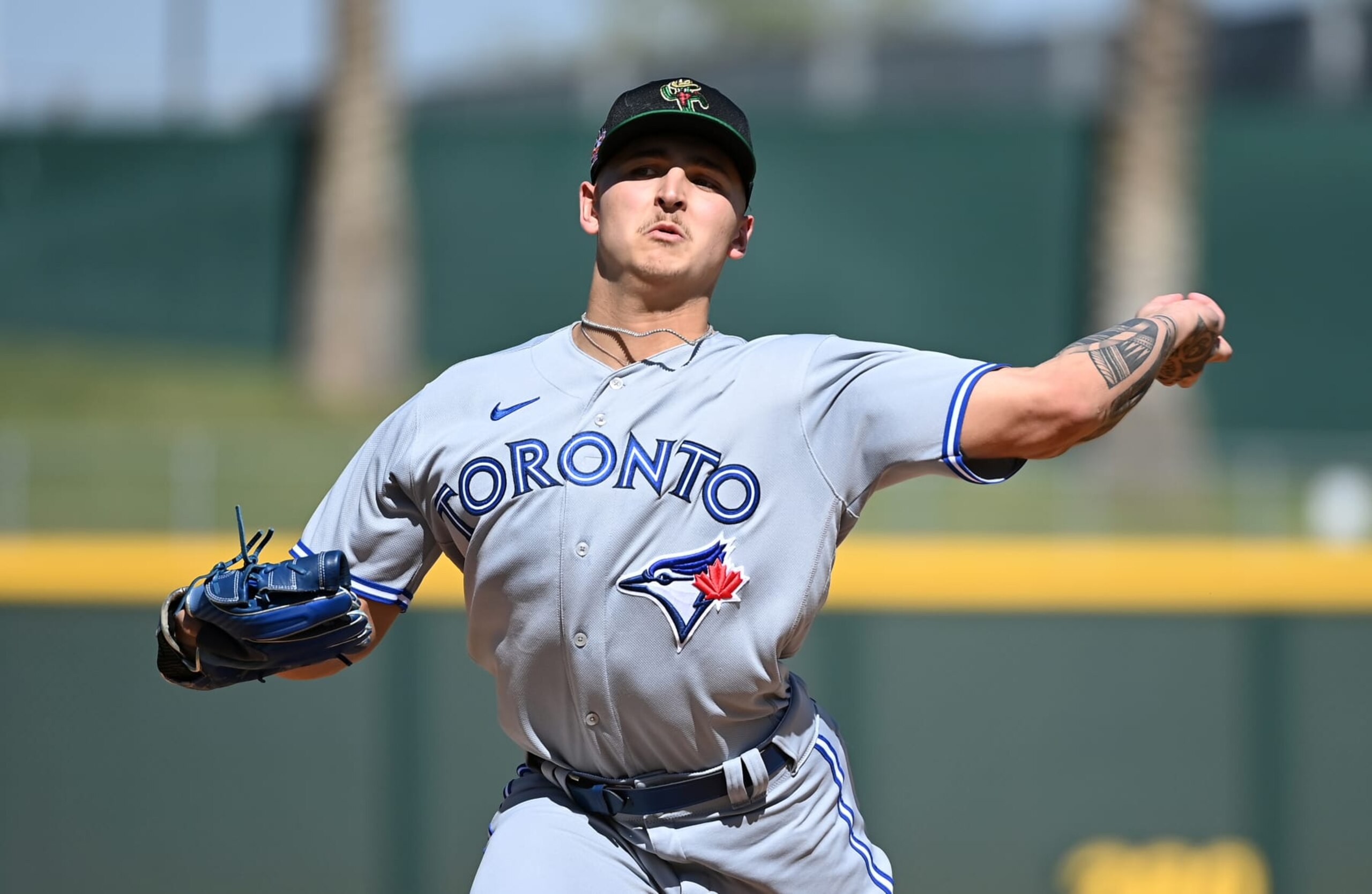 GOODYEAR, AZ - OCTOBER 14: Ricky Tiedemann #34 of the Surprise Saguaros pitches during the game between the Surprise Saguaros and the Mesa Solar Sox at Goodyear Ballpark on Saturday, October 14, 2023 in Goodyear, Arizona. (Photo by Norm Hall/MLB Photos via Getty Images)