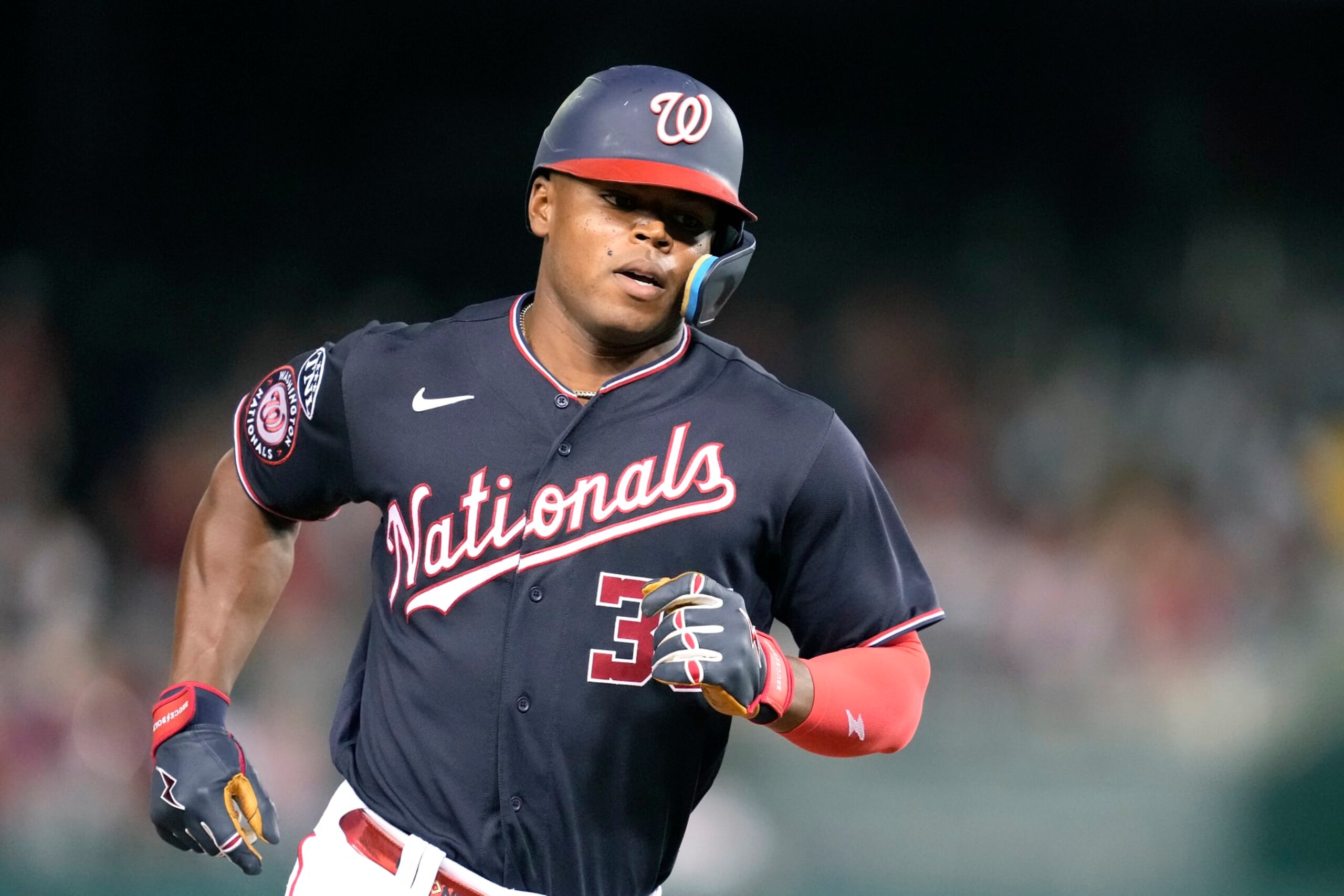 WASHINGTON, DC - AUGUST 16:  Stone Garrett #36 of the Washington Nationals runs to third base during a baseball game against the Boston Red Sox at Nationals Park on August 16, 2023 in Washington, DC.  (Photo by Mitchell Layton/Getty Images)