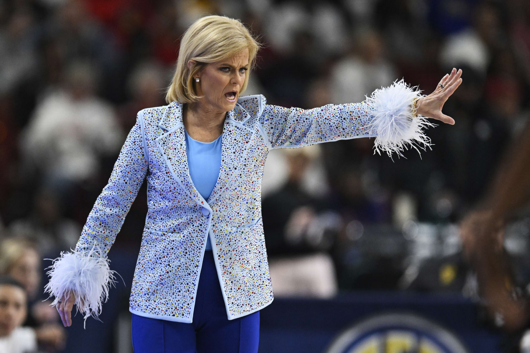GREENVILLE, SOUTH CAROLINA - MARCH 10: Head coach Kim Mulkey of the LSU Lady Tigers coaches against the South Carolina Gamecocks in the first quarter during the championship game of the SEC Women's Basketball Tournament at Bon Secours Wellness Arena on March 10, 2024 in Greenville, South Carolina. (Photo by Eakin Howard/Getty Images)